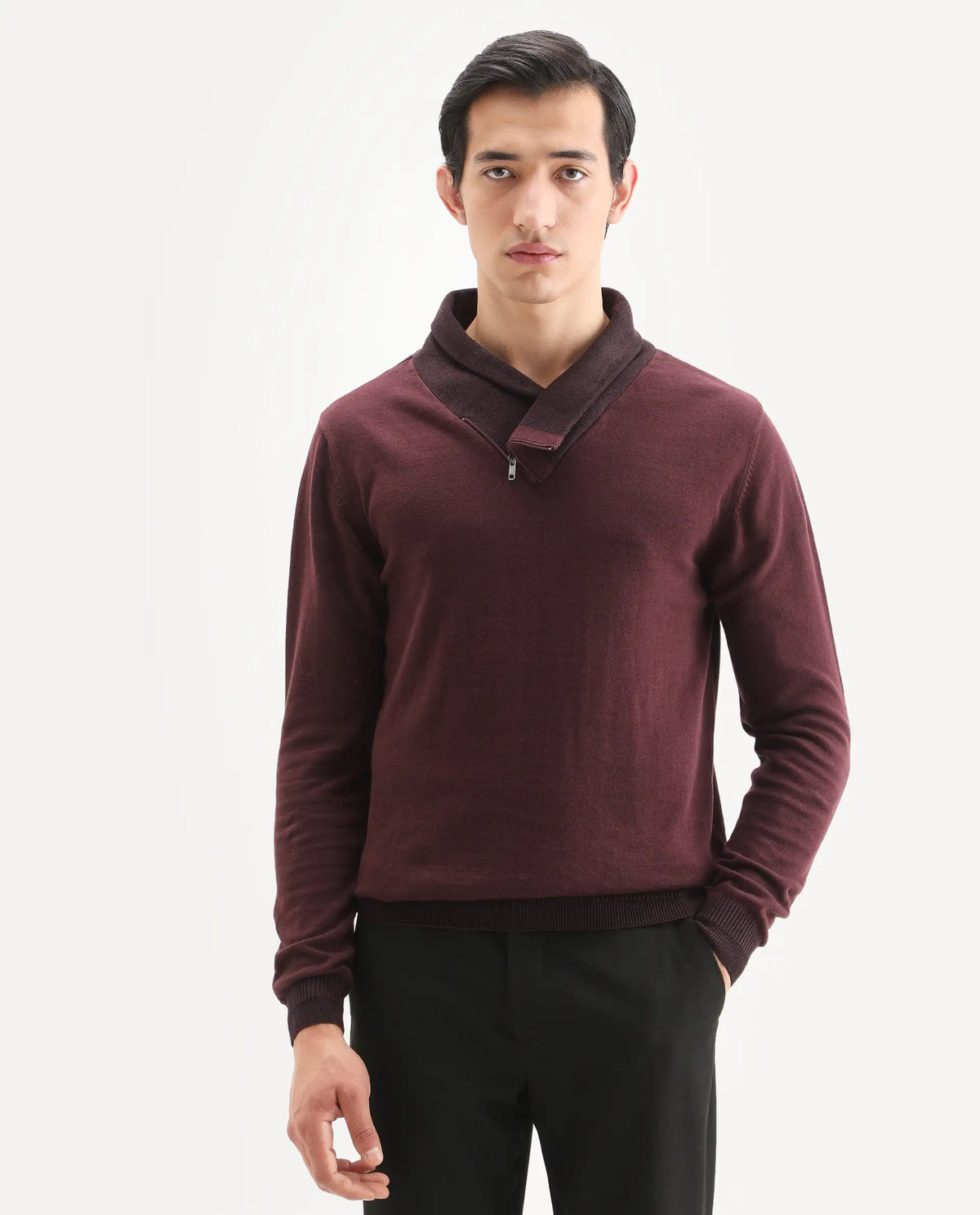Rare Rabbit Men's Denver Brown Cotton Plain Regular Fit Full Sleeve Shawl Neck Sweater