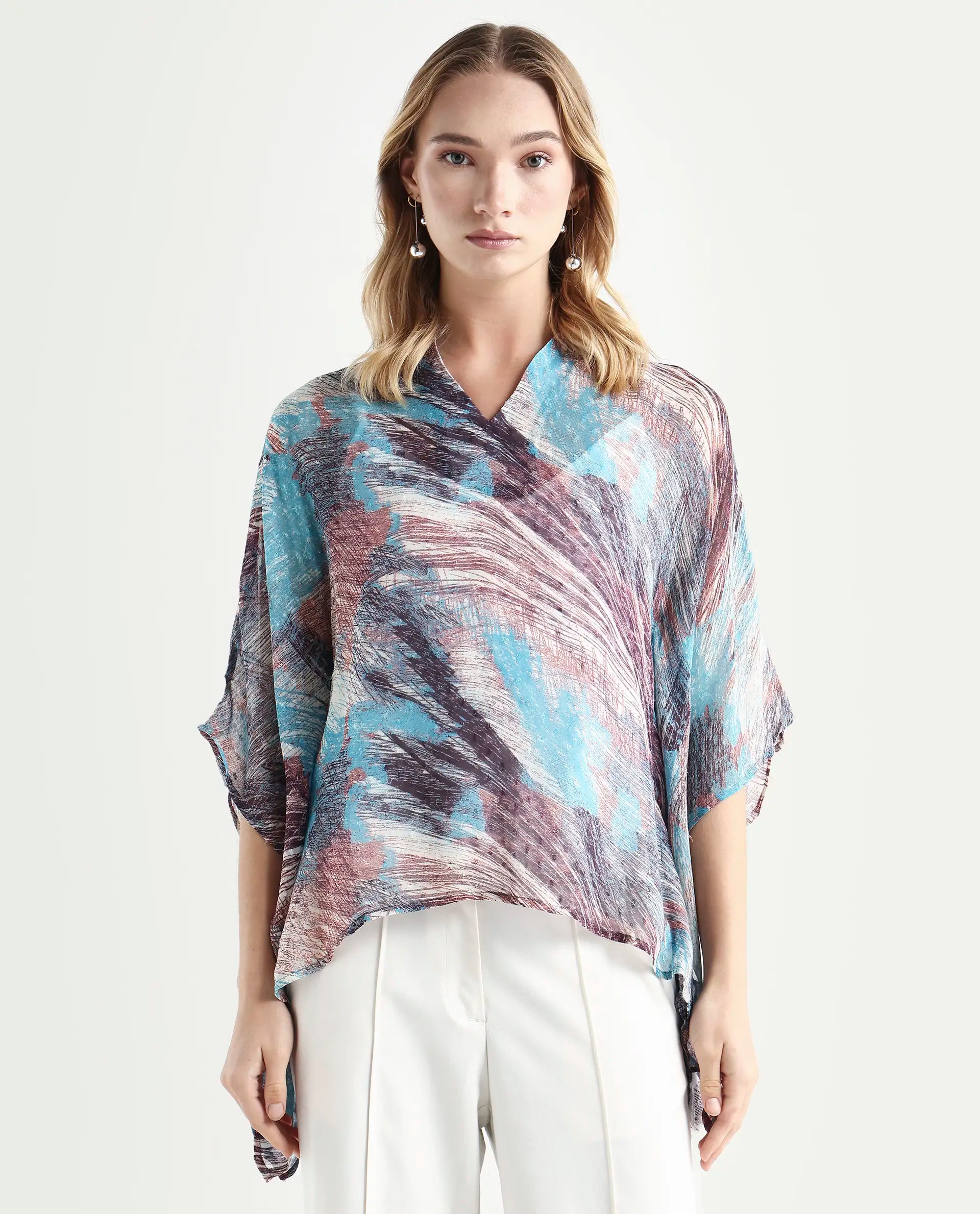 Rareism Women's Sayne Blue Polyester V-Neck Abstract Print Kimono Sleeve Regular Fit Top
