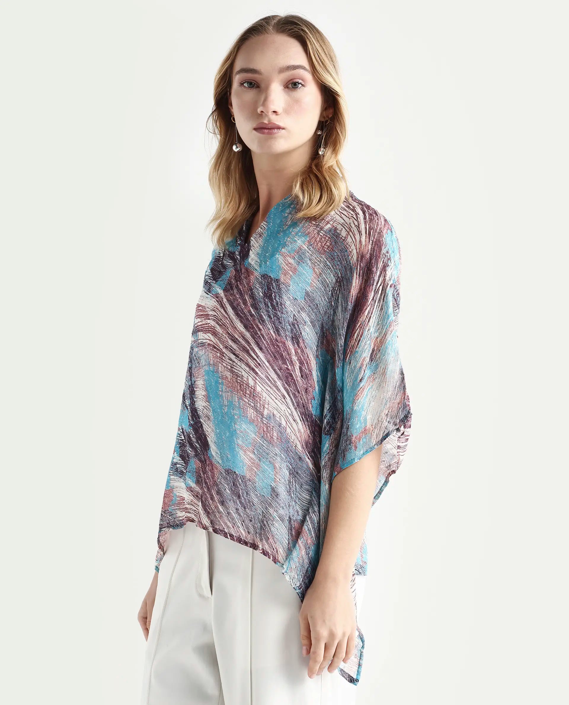 Rareism Women's Sayne Blue Polyester V-Neck Abstract Print Kimono Sleeve Regular Fit Top