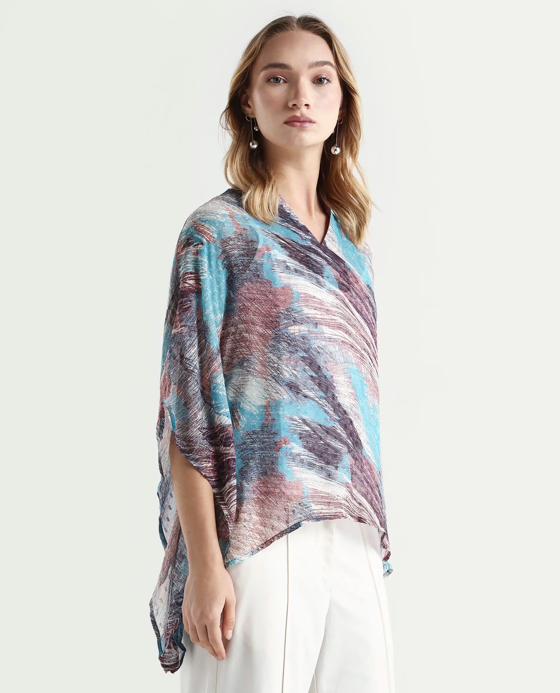 Rareism Women's Sayne Blue Polyester V-Neck Abstract Print Kimono Sleeve Regular Fit Top