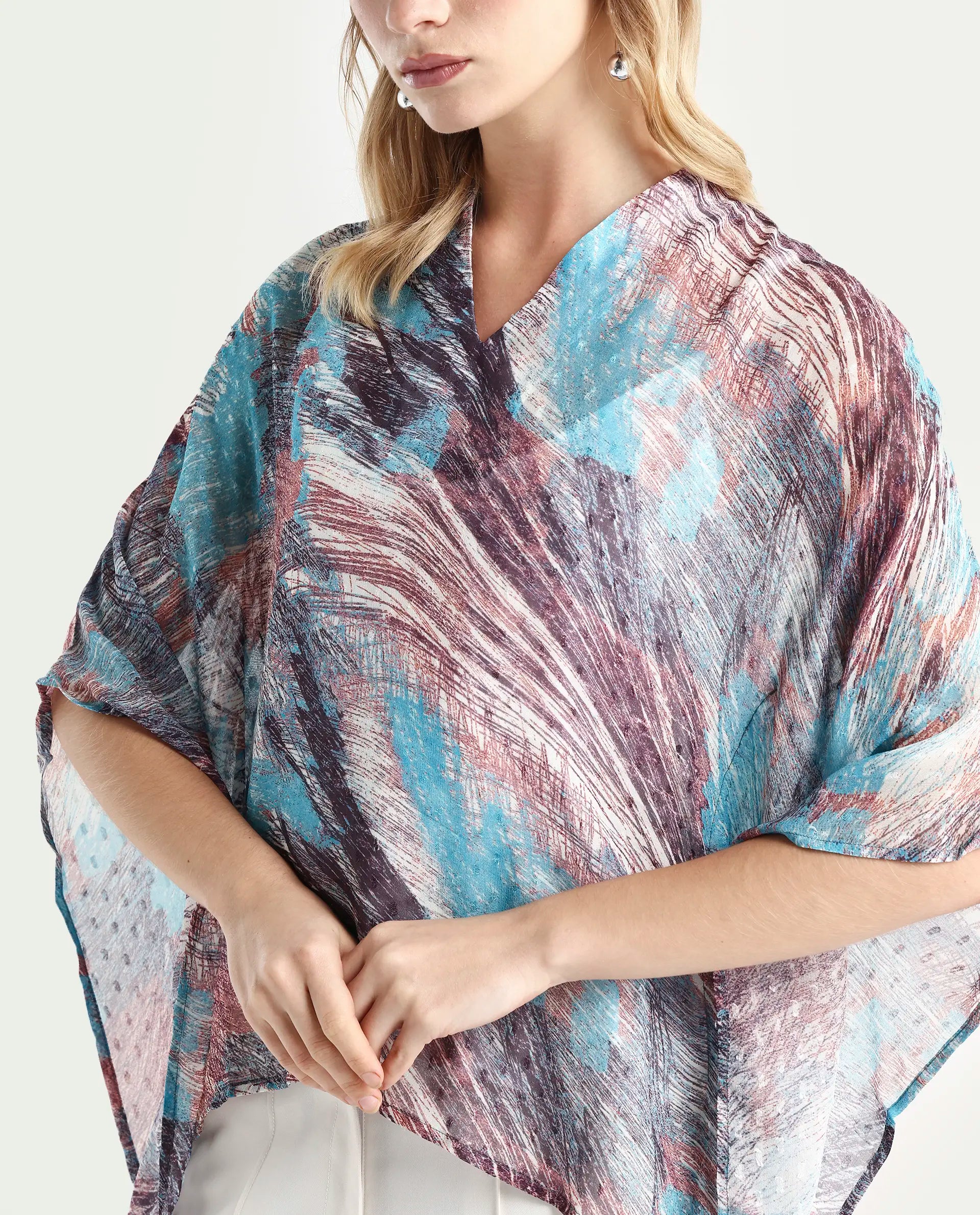 Rareism Women's Sayne Blue Polyester V-Neck Abstract Print Kimono Sleeve Regular Fit Top