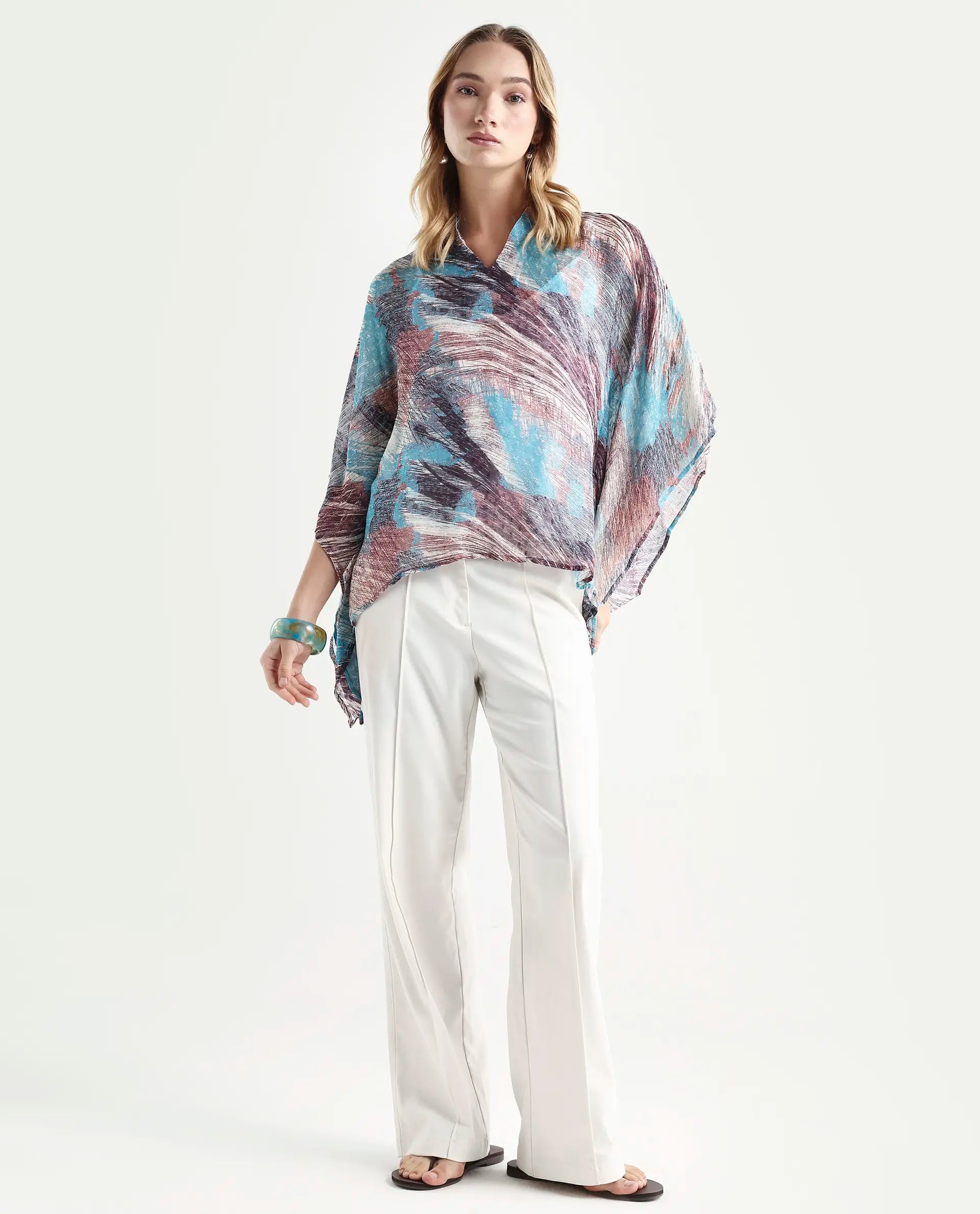 Rareism Women's Sayne Blue Polyester V-Neck Abstract Print Kimono Sleeve Regular Fit Top