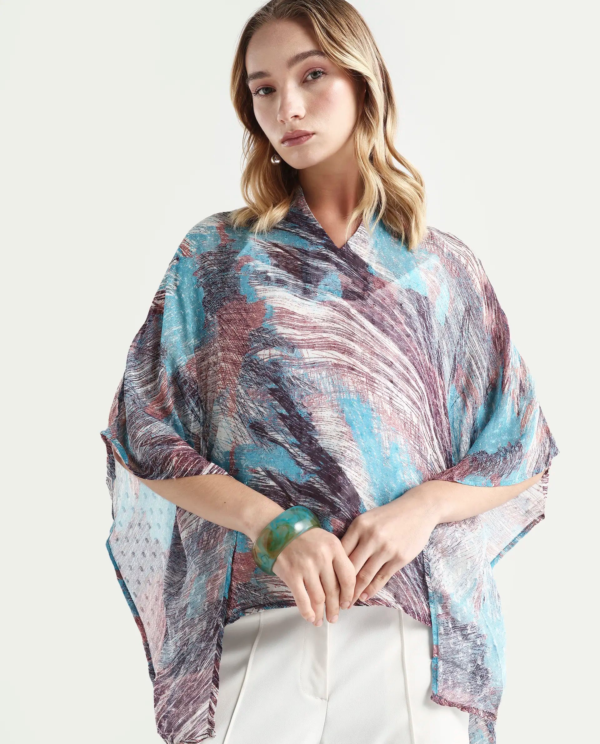 Rareism Women's Sayne Blue Polyester V-Neck Abstract Print Kimono Sleeve Regular Fit Top