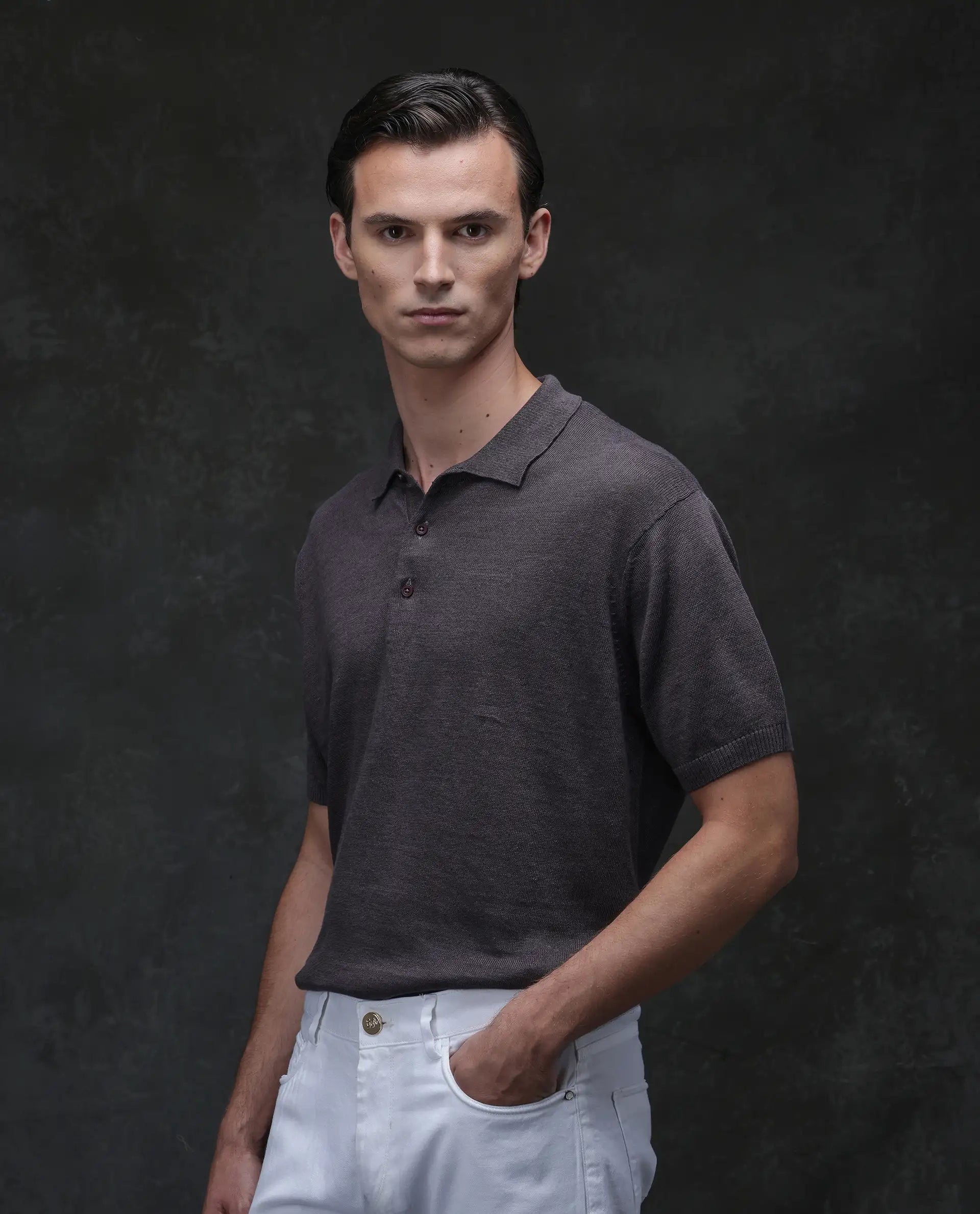 Rare Rabbit Men's Mekko Dusky Brown 100% Linen Plain Regular Fit Half Sleeve Polo