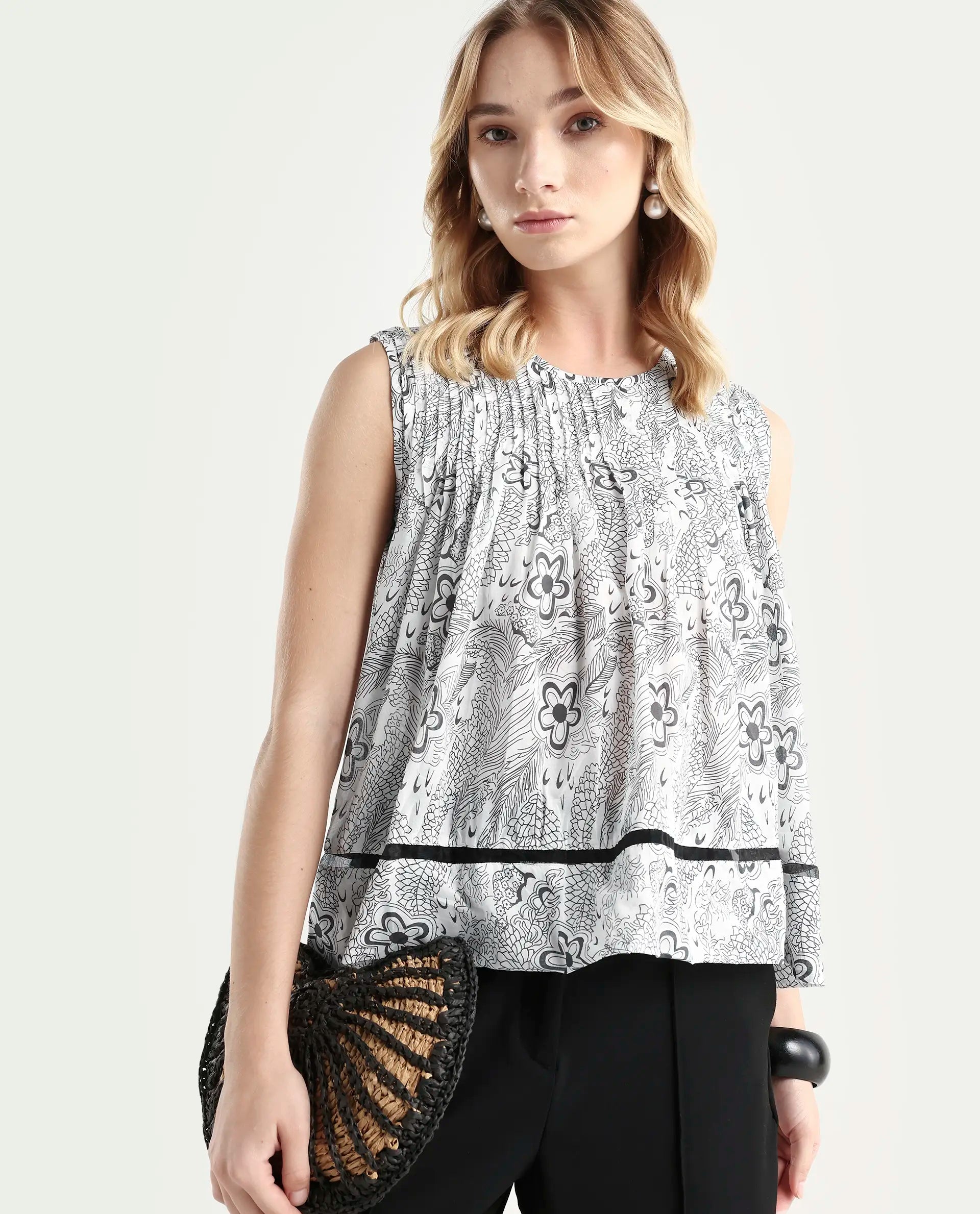 Rareism Women's Nikol White Cotton Crew Neck Abstract Print Sleeveless Regular Fit Top