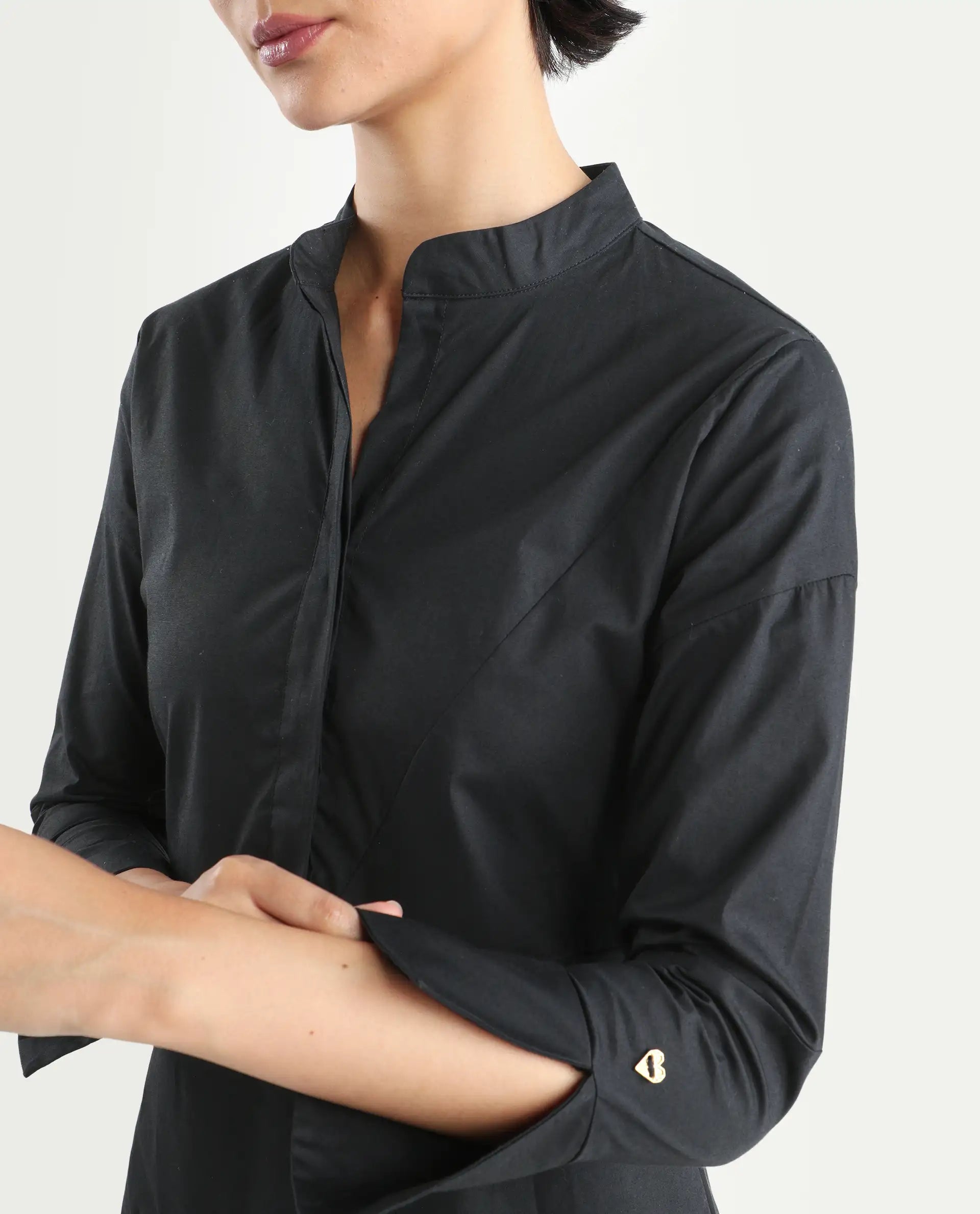 Rareism Women's Beetal Black Polyester Blend Mandarin Collar Plain Cuffed Sleeve Midi Regular Fit Dress