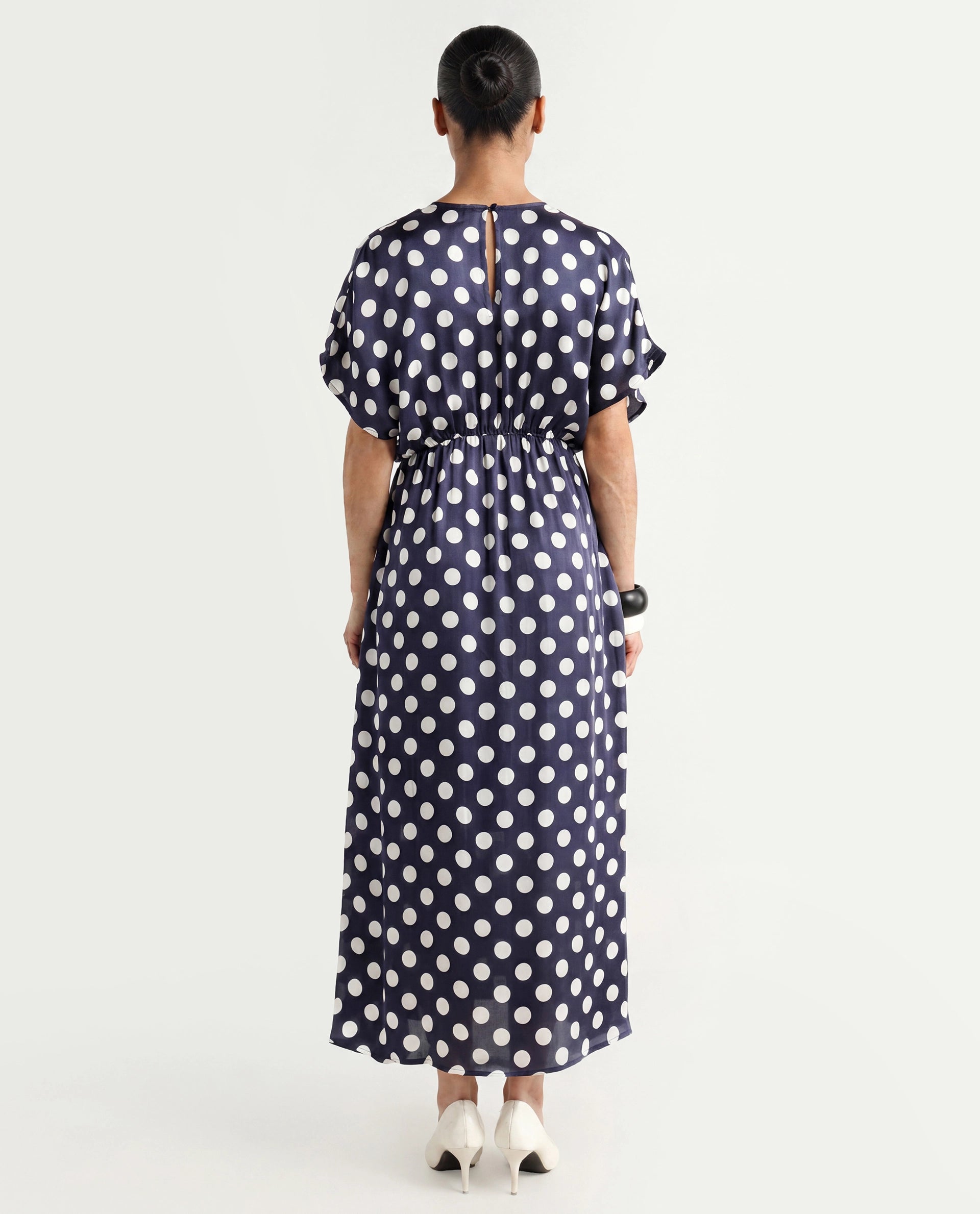 Rareism Women's Wicked Blue Modal Blend V-Neck Polka Print Extended Sleeves Maxi Regular Fit Dress