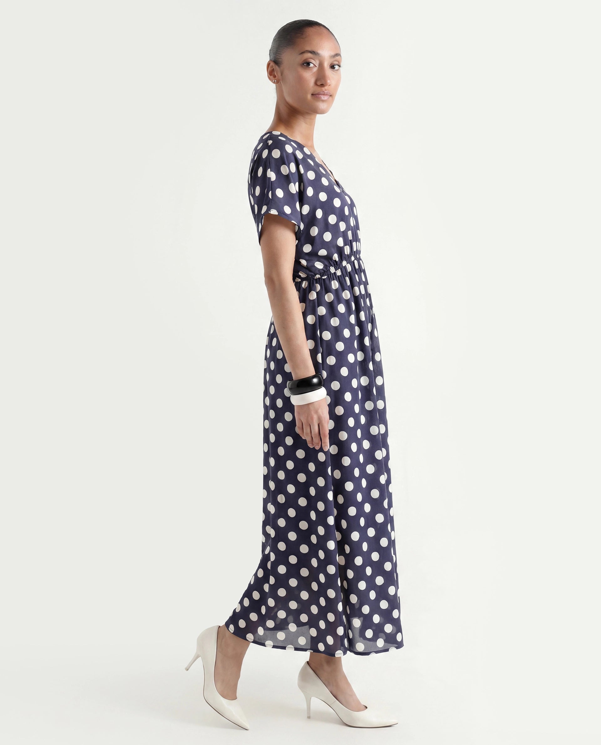 Rareism Women's Wicked Blue Modal Blend V-Neck Polka Print Extended Sleeves Maxi Regular Fit Dress