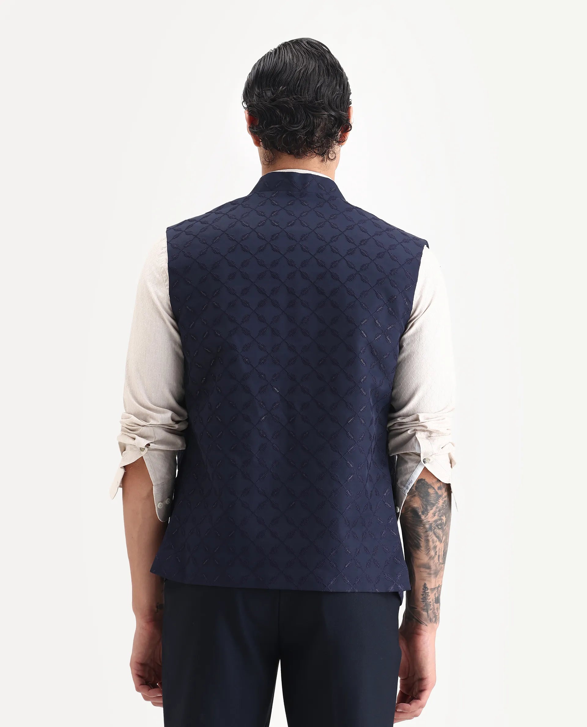 Rare Rabbit Men's Medob Dark Navy Viscose Embroidered Tailored Fit Sleeveless Mandarin Collar Bandhgala