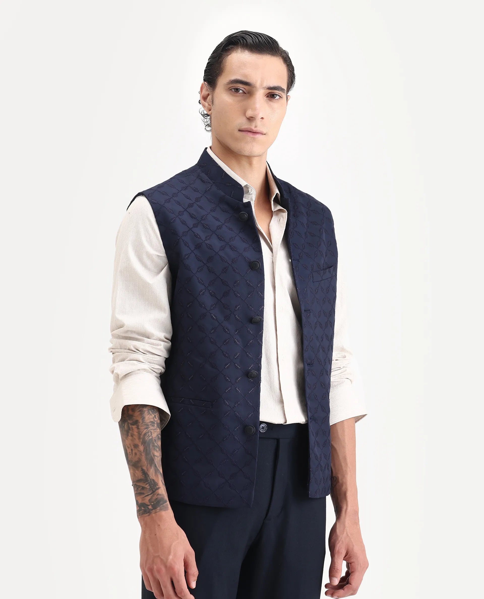 Rare Rabbit Men's Medob Dark Navy Viscose Embroidered Tailored Fit Sleeveless Mandarin Collar Bandhgala