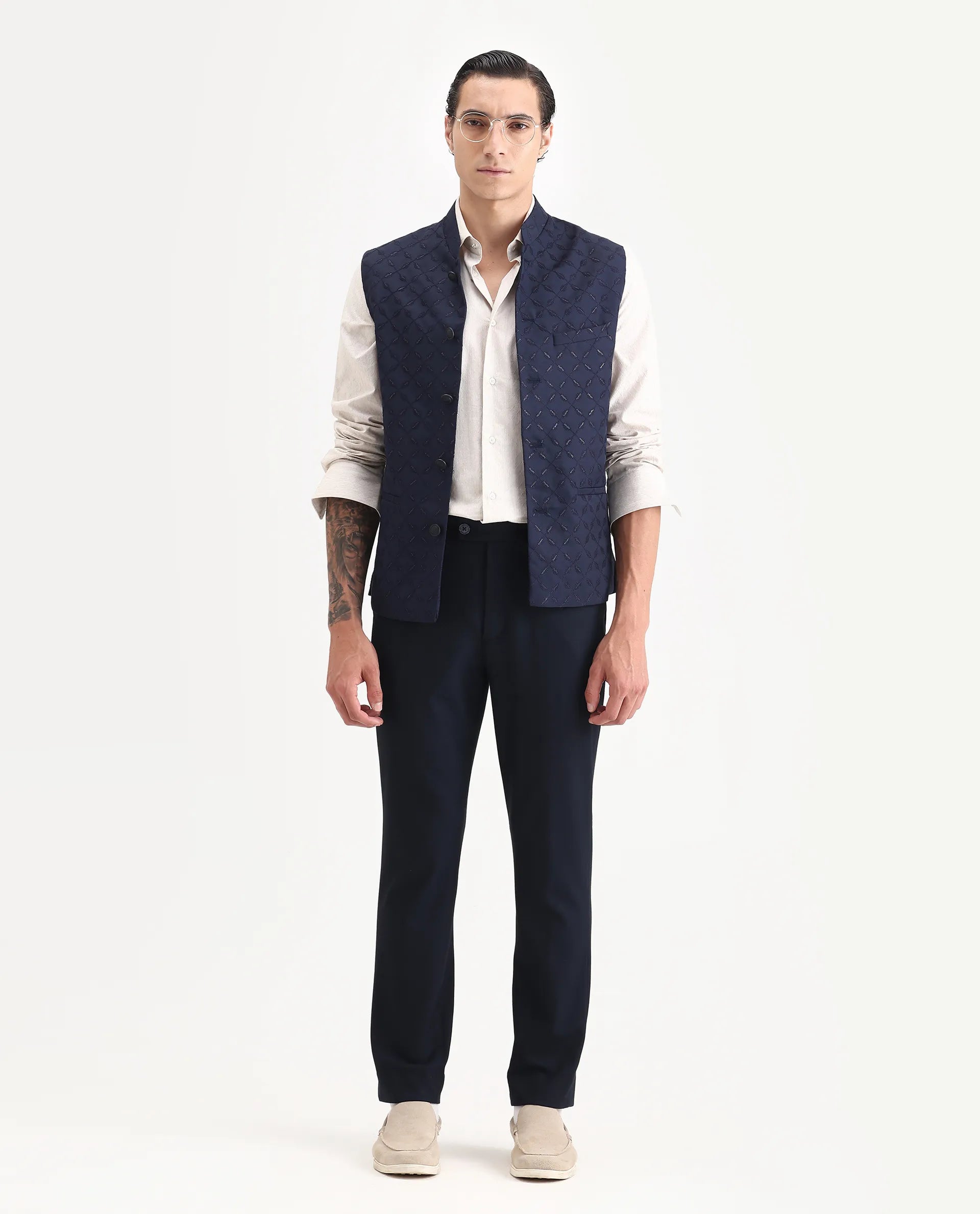 Rare Rabbit Men's Medob Dark Navy Viscose Embroidered Tailored Fit Sleeveless Mandarin Collar Bandhgala