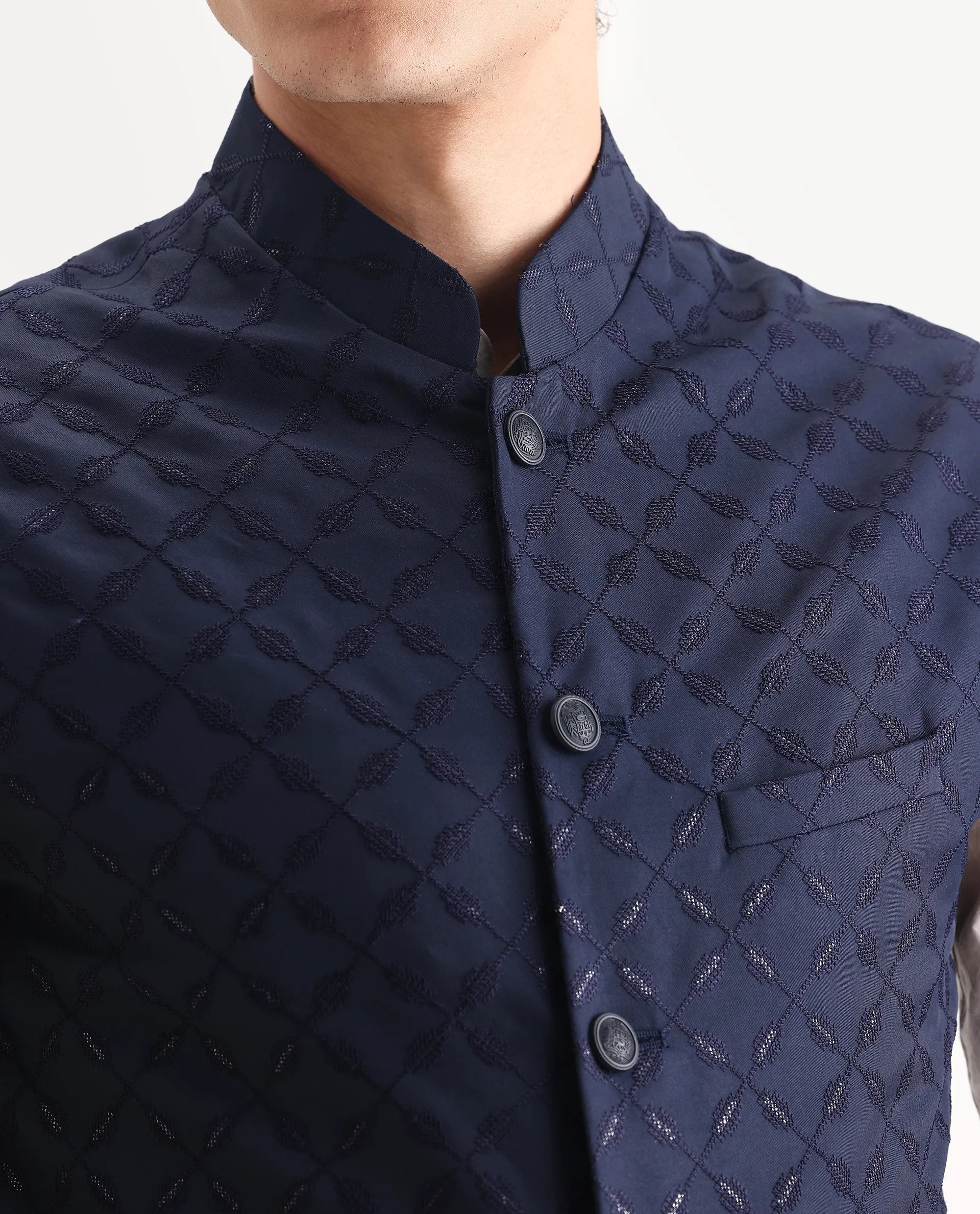 Rare Rabbit Men's Medob Dark Navy Viscose Embroidered Tailored Fit Sleeveless Mandarin Collar Bandhgala