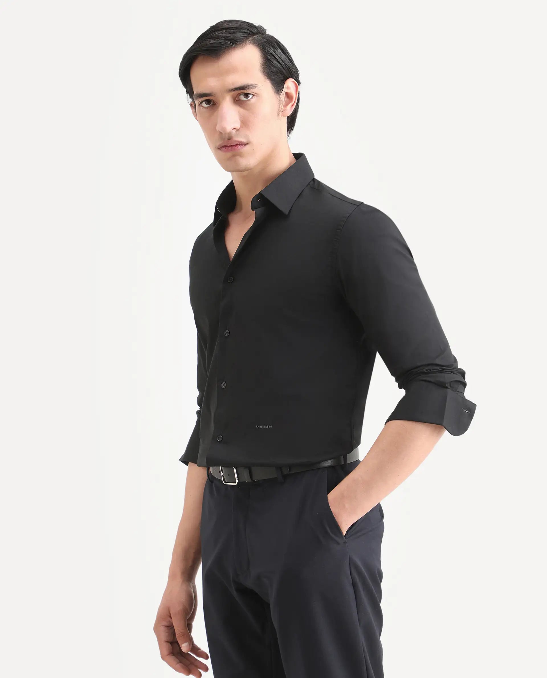 Rare Rabbit Men's Neutron8 Black Cotton Plain Regular Fit Full Sleeve Collared Shirt