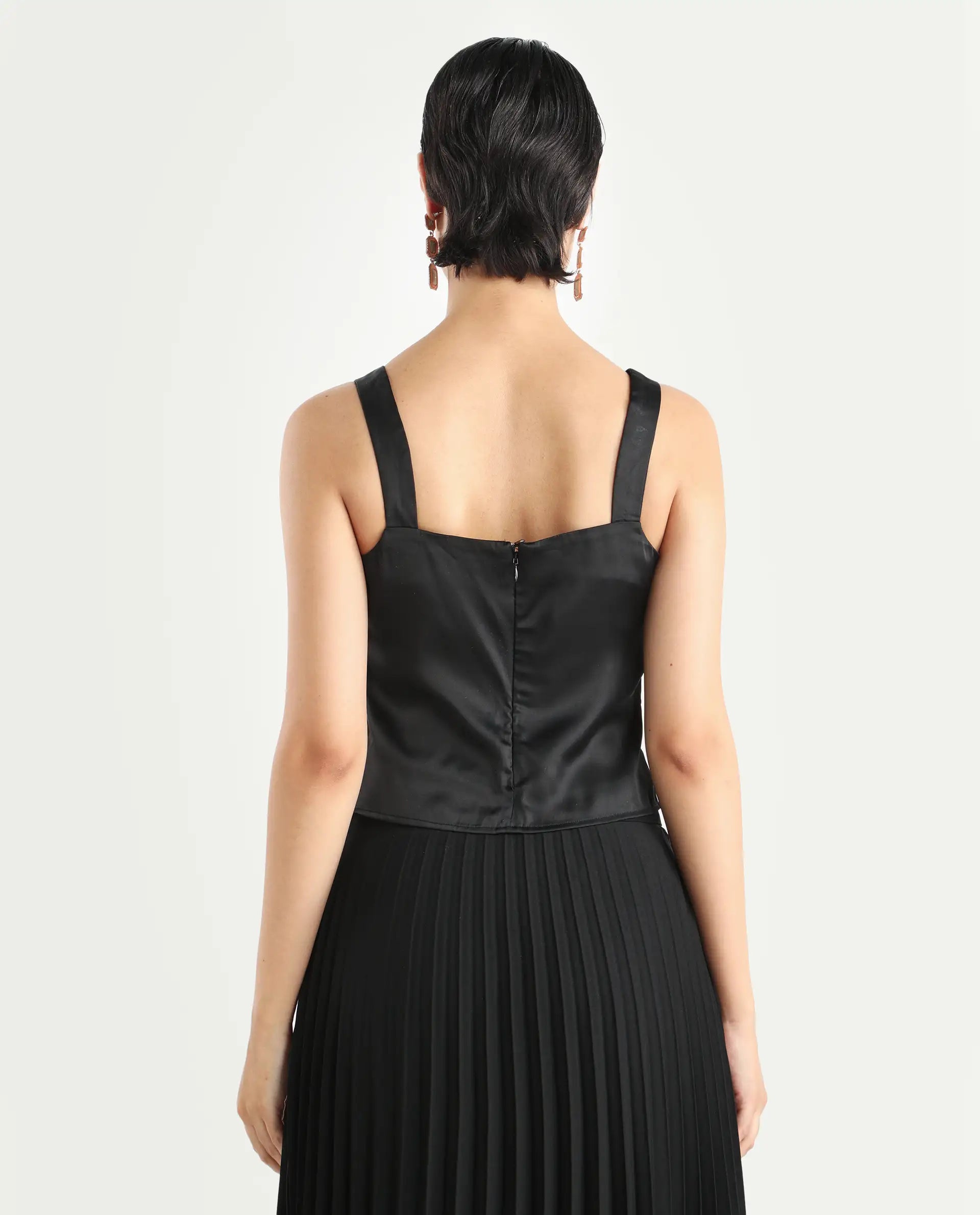 Rareism Women's Polzo Black Polyester Tube Neck Plain Shoulder Strap Regular Fit Top