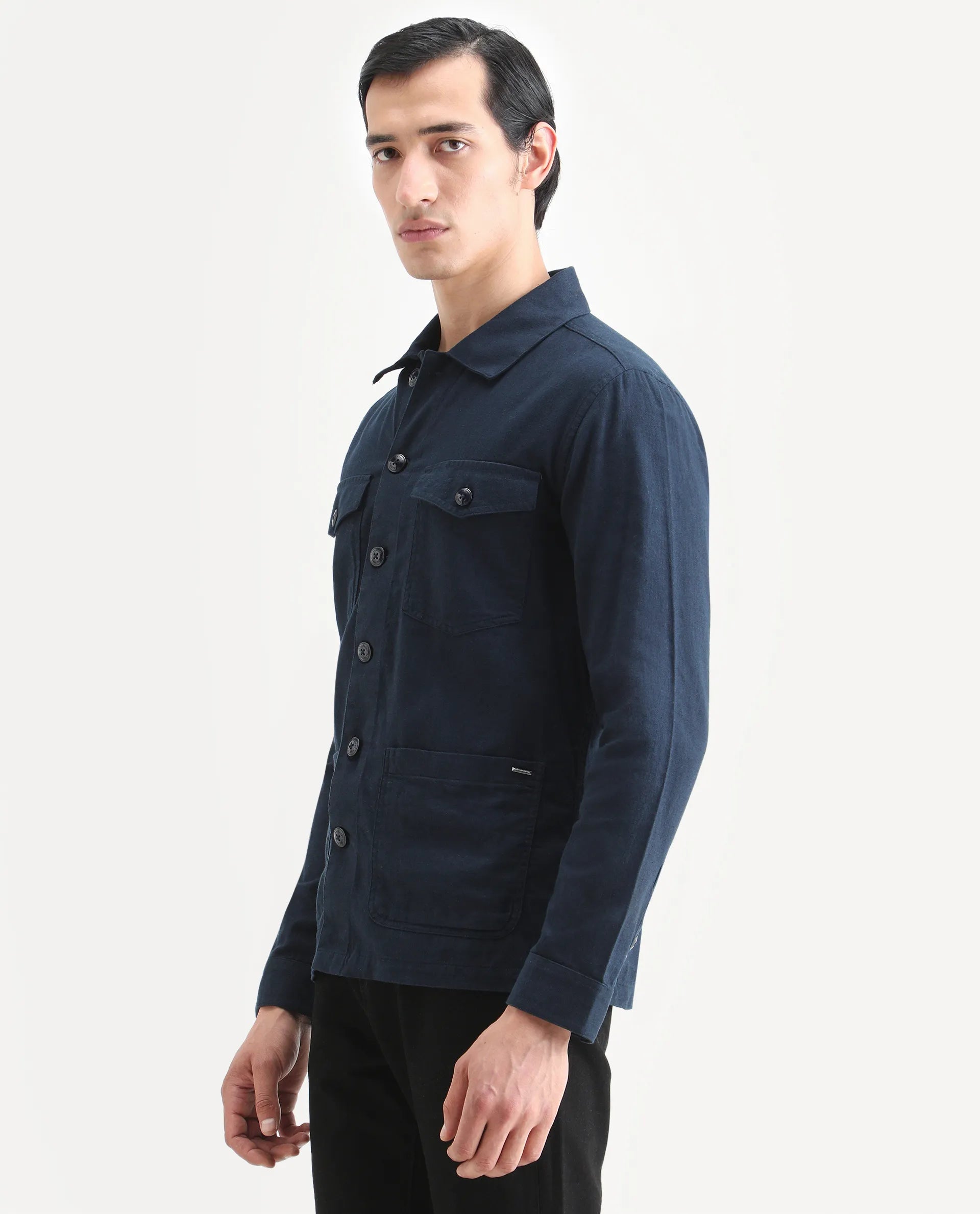 Rare Rabbit Men's Gatter Navy Linen Blend Plain Relaxed Fit Full Sleeve Spread Collar Jacket