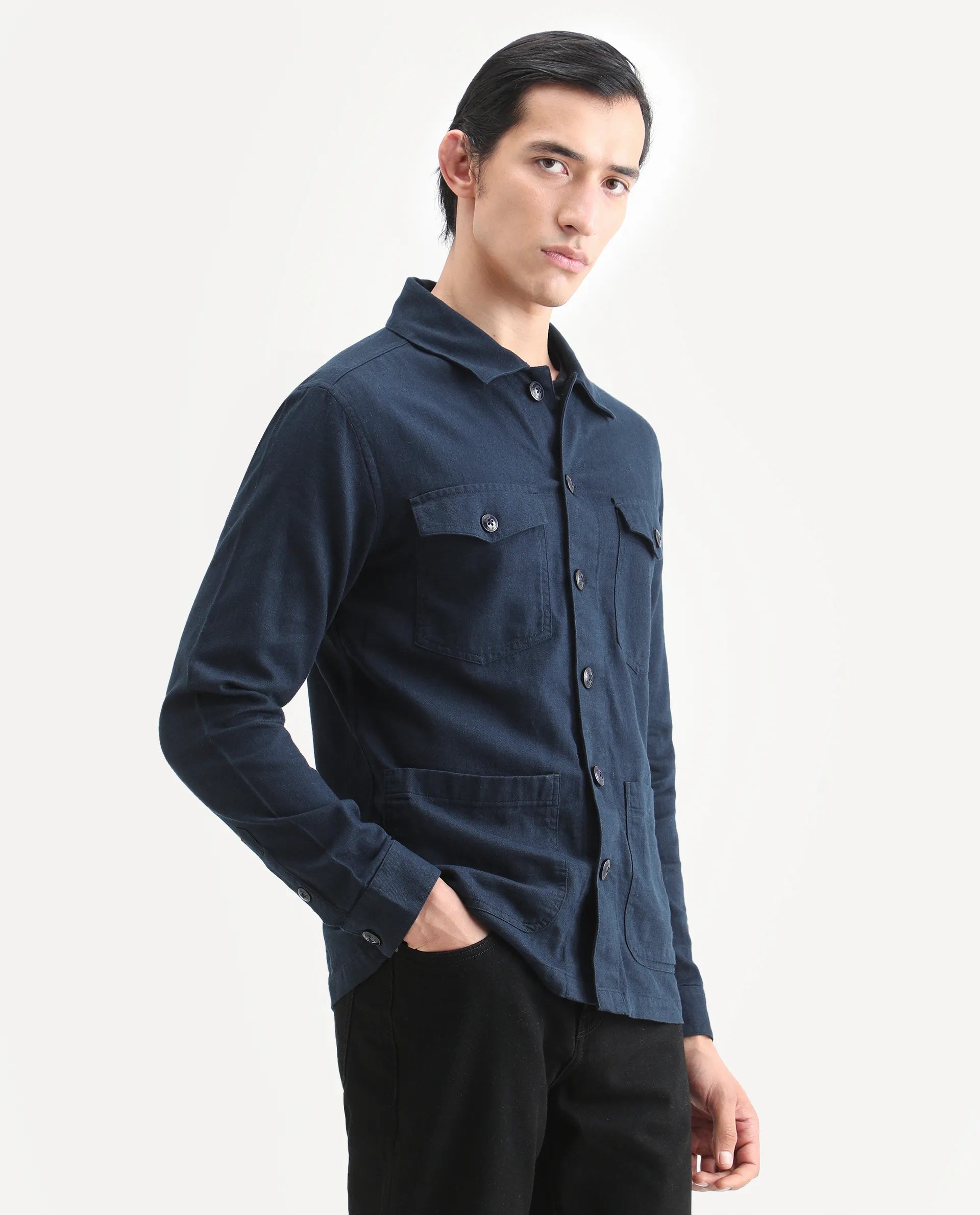 Rare Rabbit Men's Gatter Navy Linen Blend Plain Relaxed Fit Full Sleeve Spread Collar Jacket
