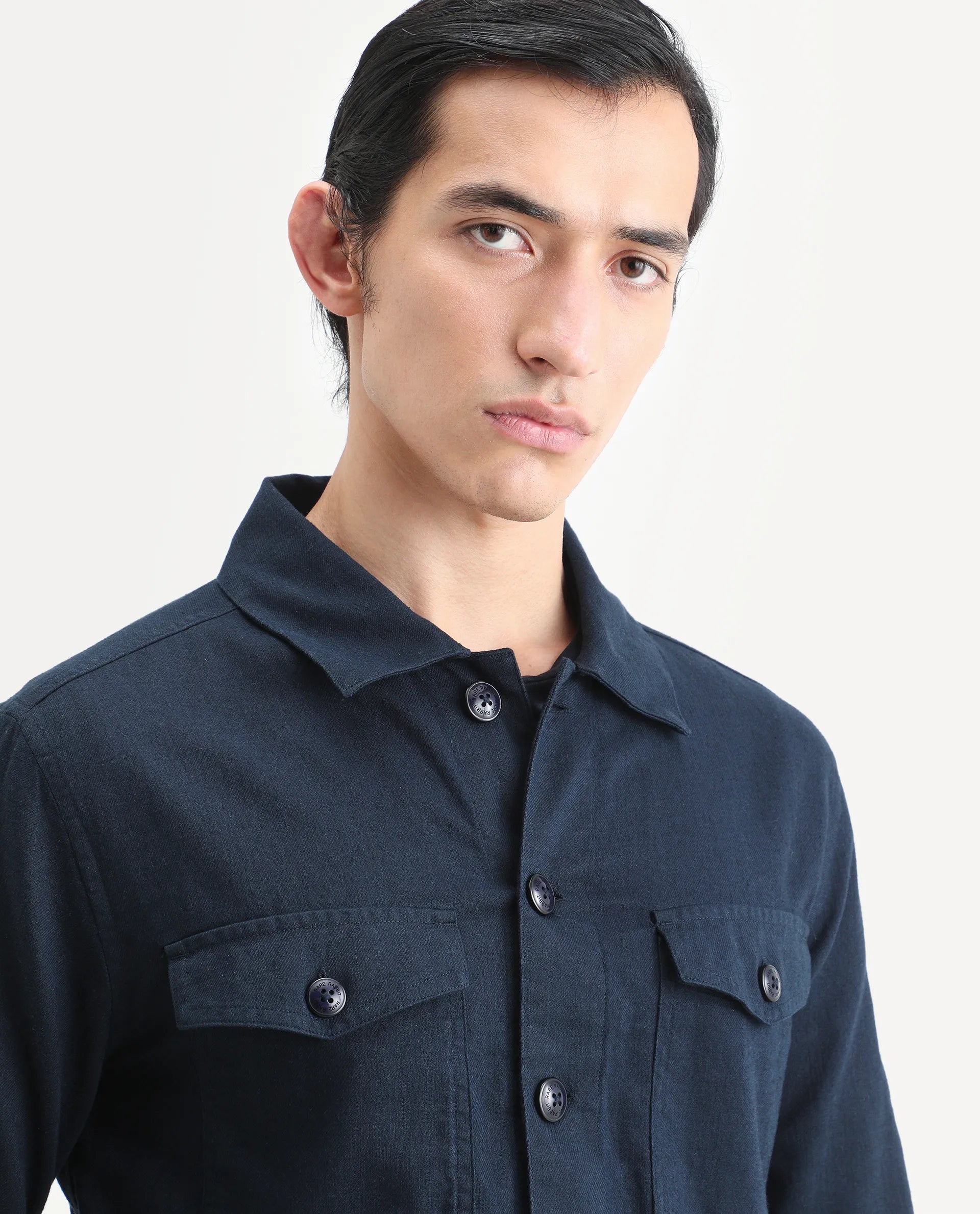 Rare Rabbit Men's Gatter Navy Linen Blend Plain Relaxed Fit Full Sleeve Spread Collar Jacket