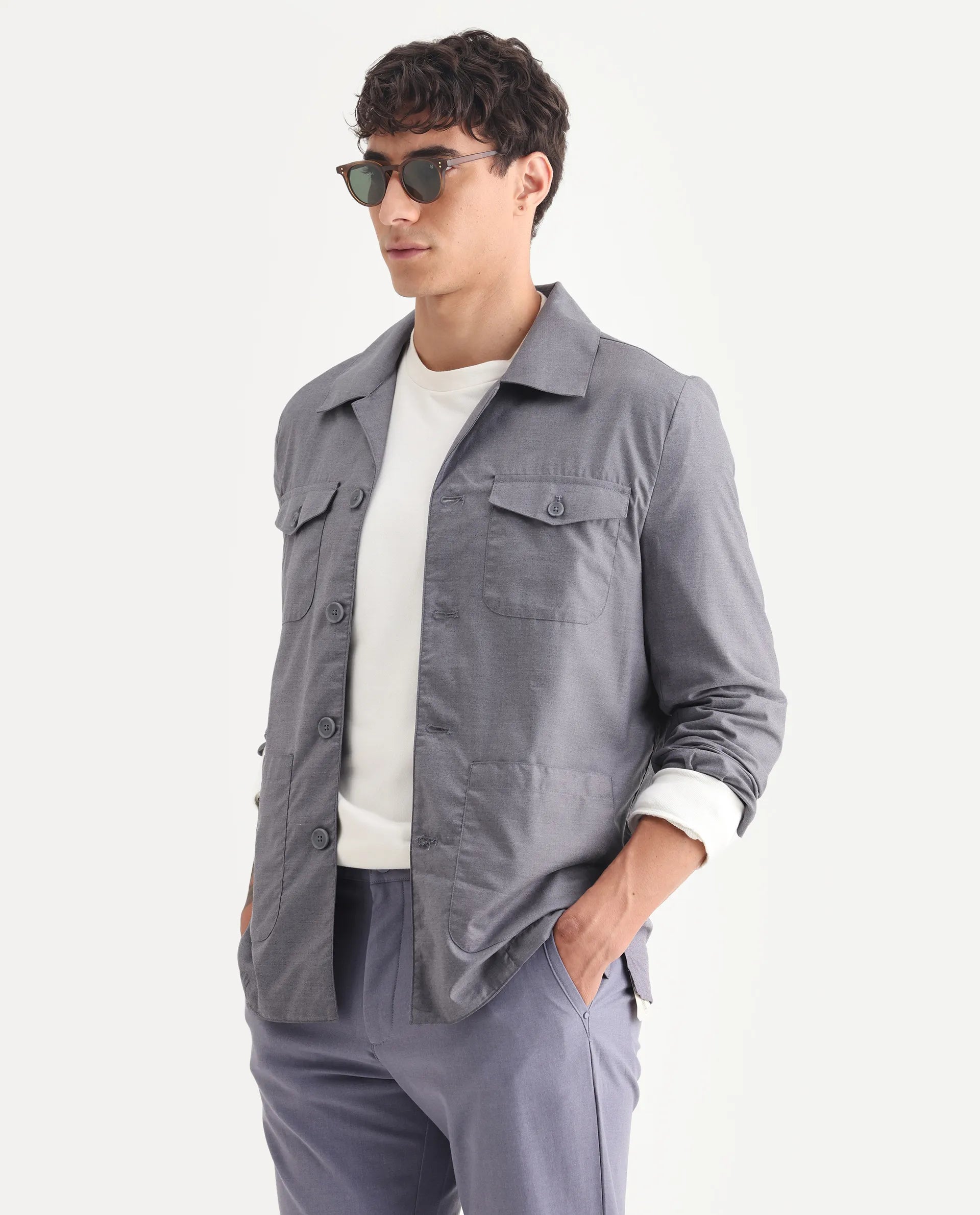 Rare Rabbit Men's Echos Purple Cotton Plain Relaxed Fit Full Sleeve Lapel Neck Jacket