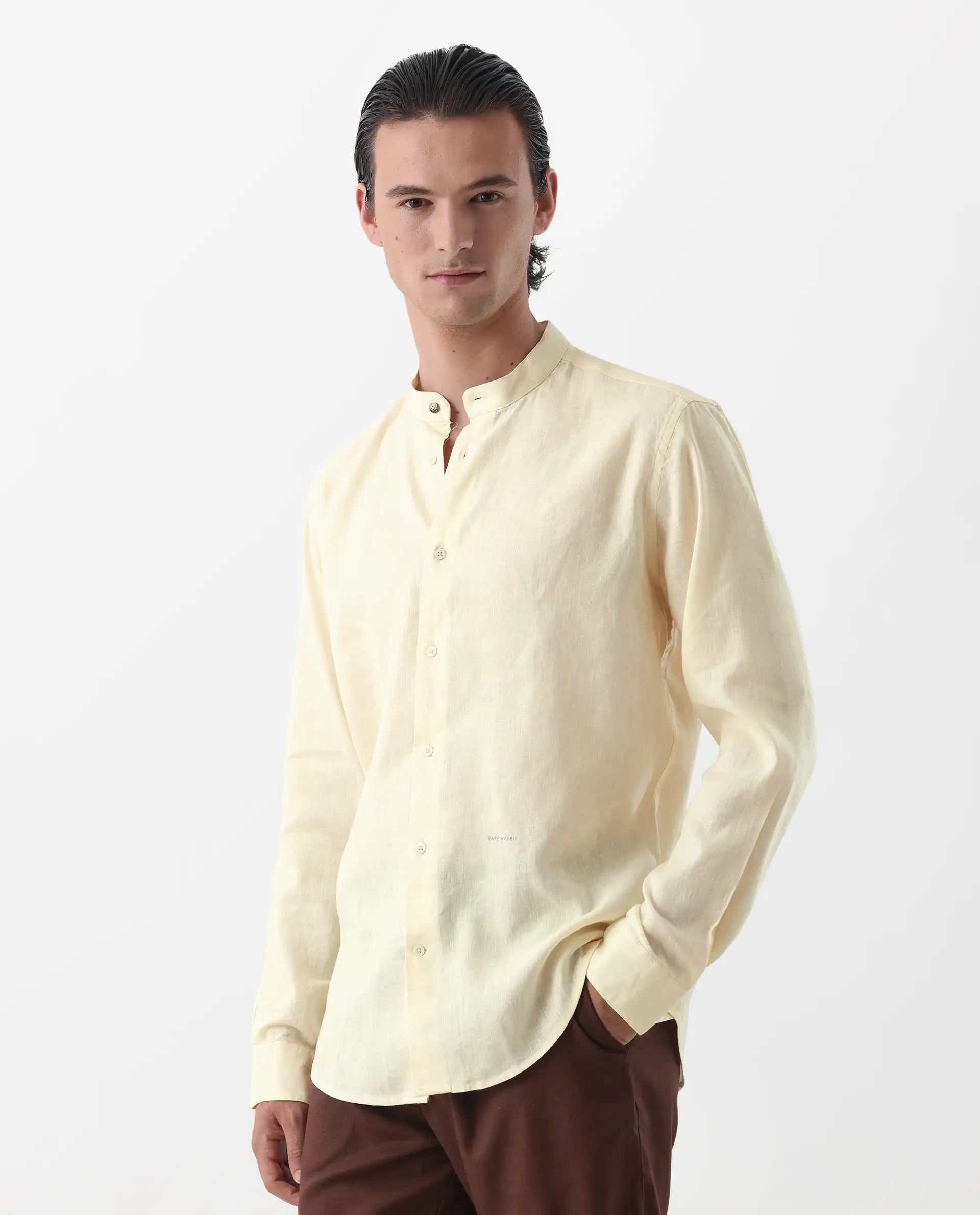Rare Rabbit Men's Cinex Pastel Yellow Linen Blend Plain Regular Fit Full Sleeve Mandarin Collar Shirt