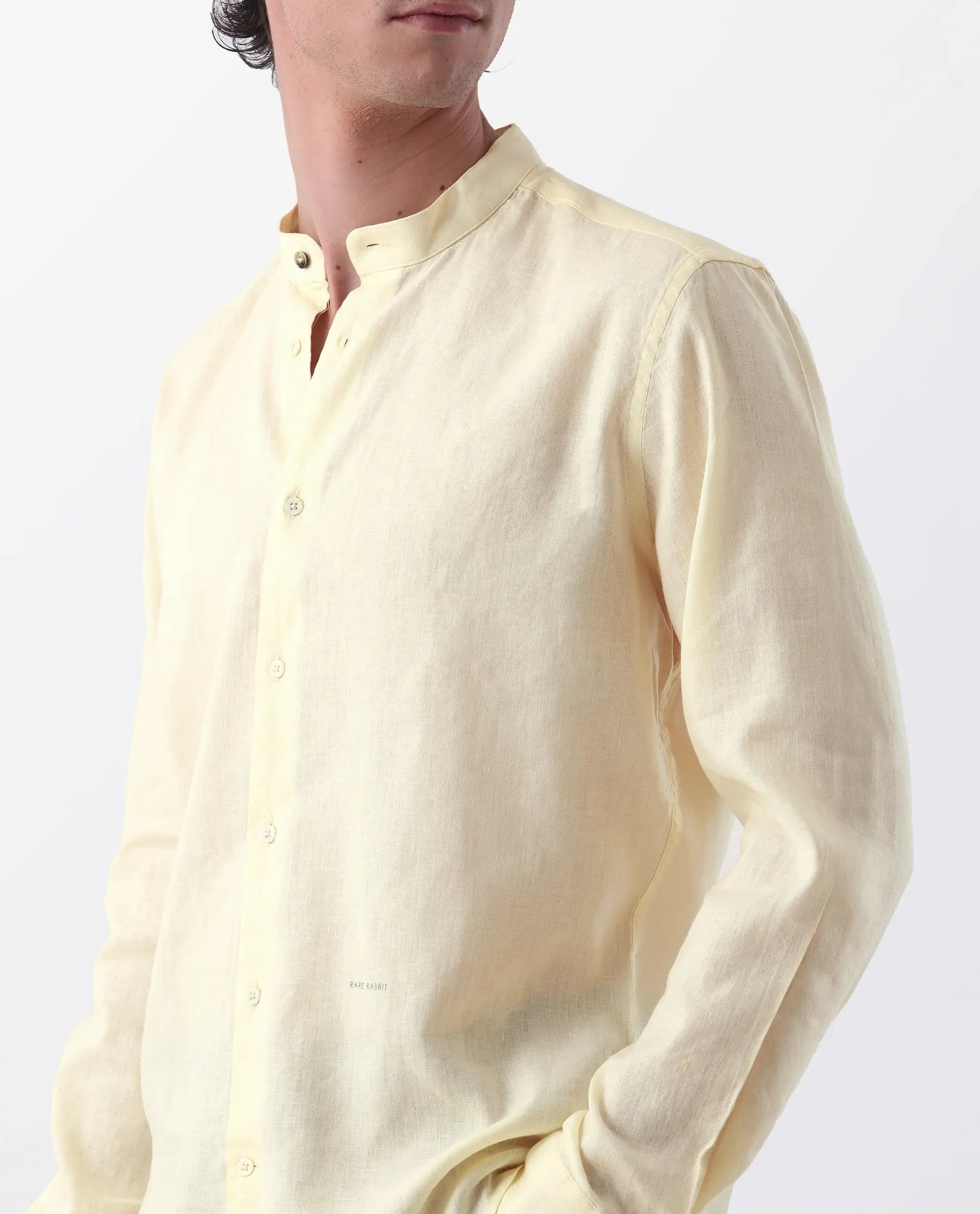 Rare Rabbit Men's Cinex Pastel Yellow Linen Blend Plain Regular Fit Full Sleeve Mandarin Collar Shirt