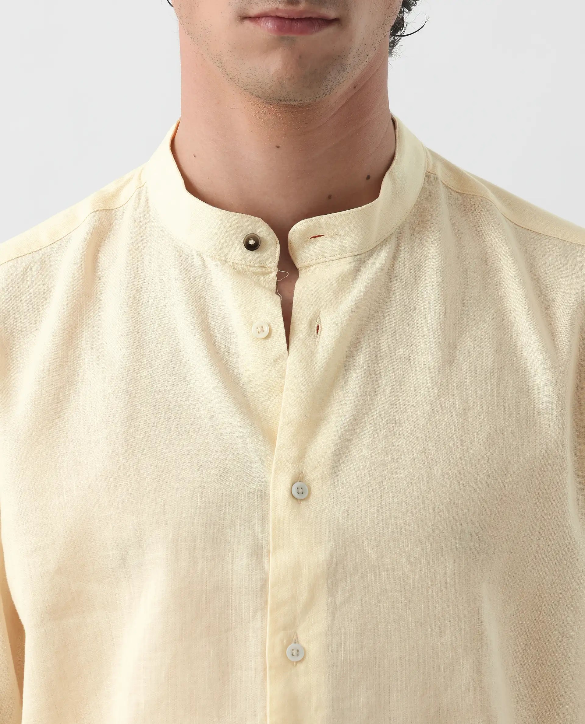 Rare Rabbit Men's Cinex Pastel Yellow Linen Blend Plain Regular Fit Full Sleeve Mandarin Collar Shirt
