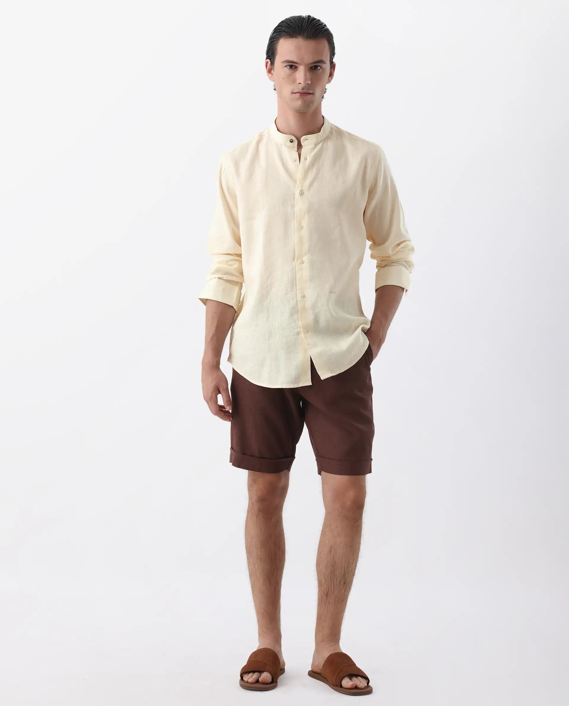 Rare Rabbit Men's Cinex Pastel Yellow Linen Blend Plain Regular Fit Full Sleeve Mandarin Collar Shirt