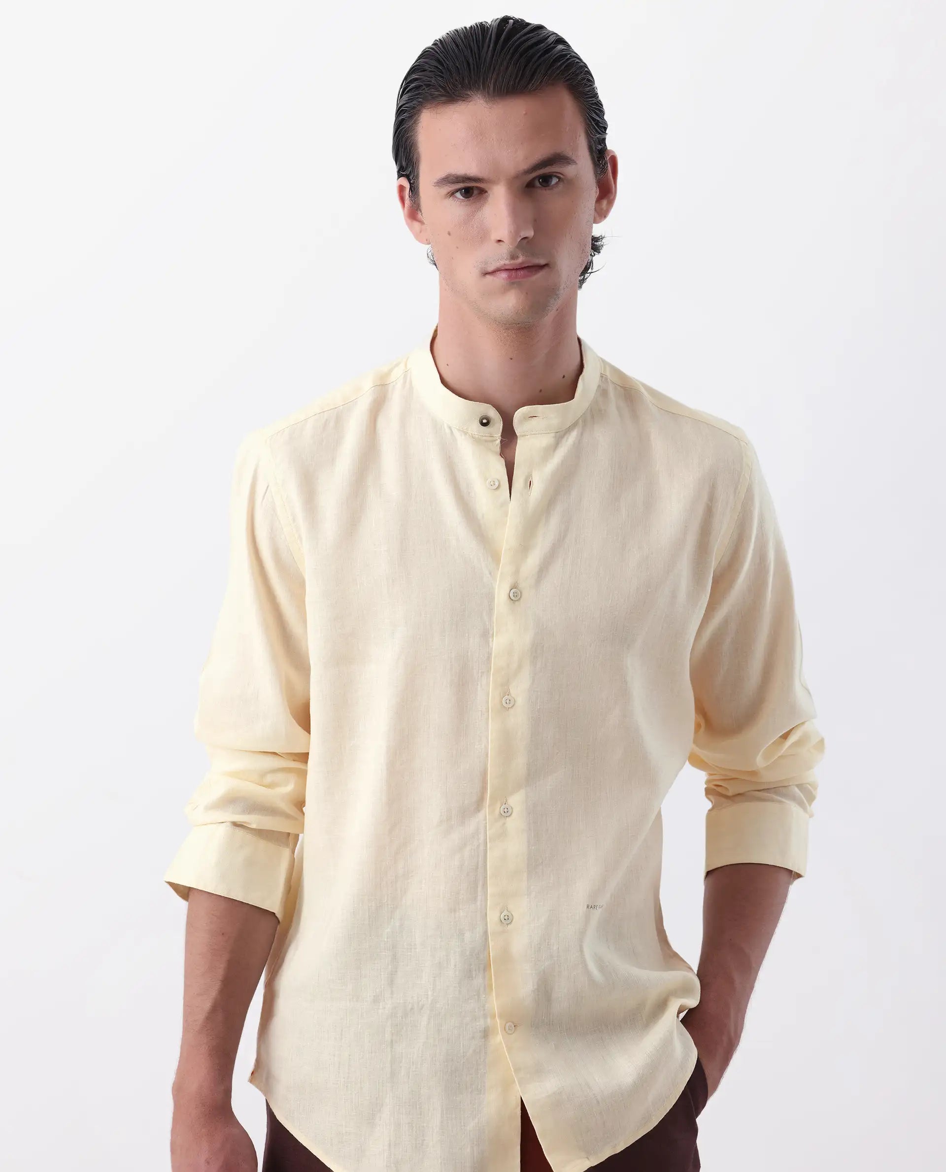 Rare Rabbit Men's Cinex Pastel Yellow Linen Blend Plain Regular Fit Full Sleeve Mandarin Collar Shirt