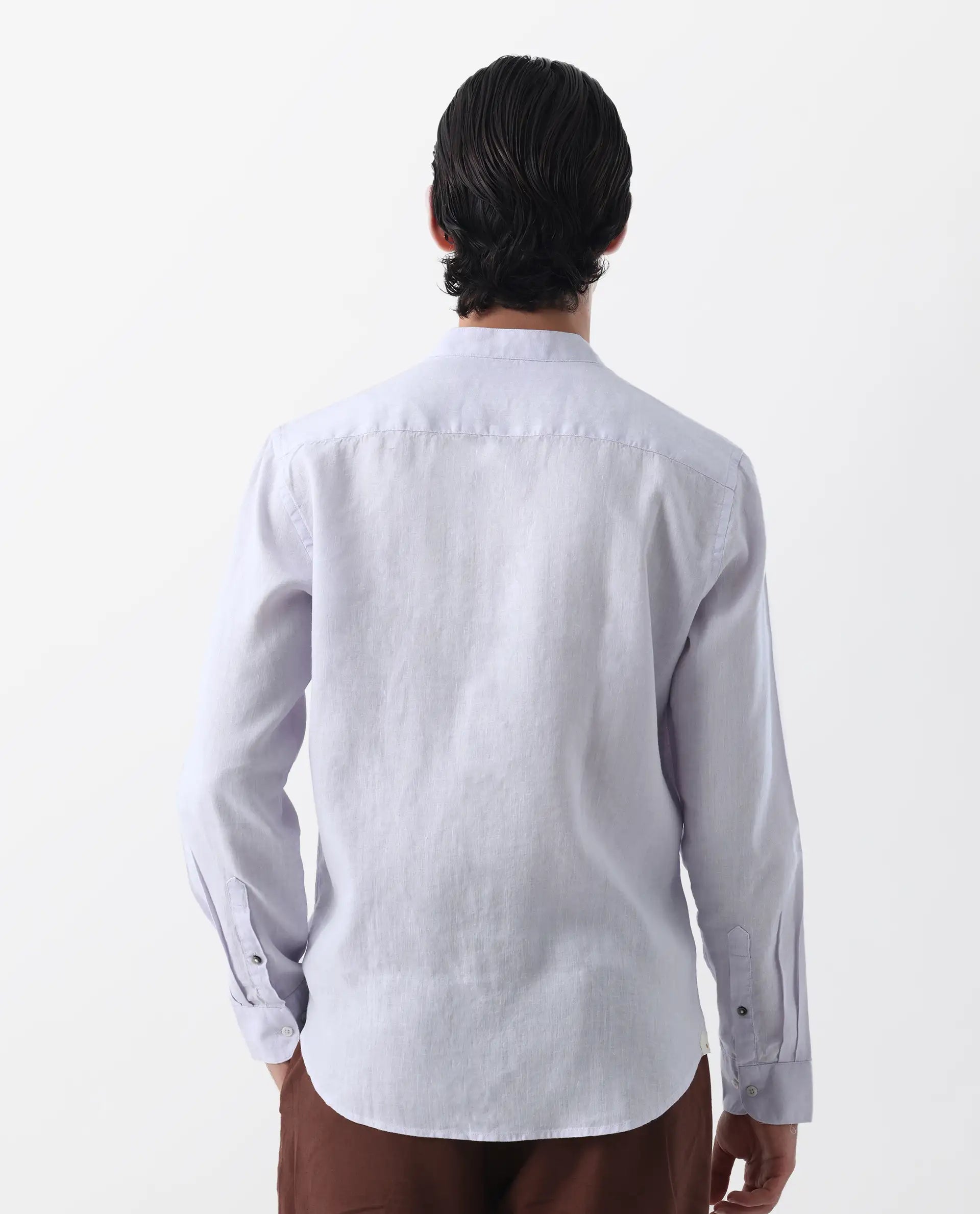 Rare Rabbit Men's Cinex Pastel Purple Linen Blend Plain Regular Fit Full Sleeve Mandarin Collar Shirt