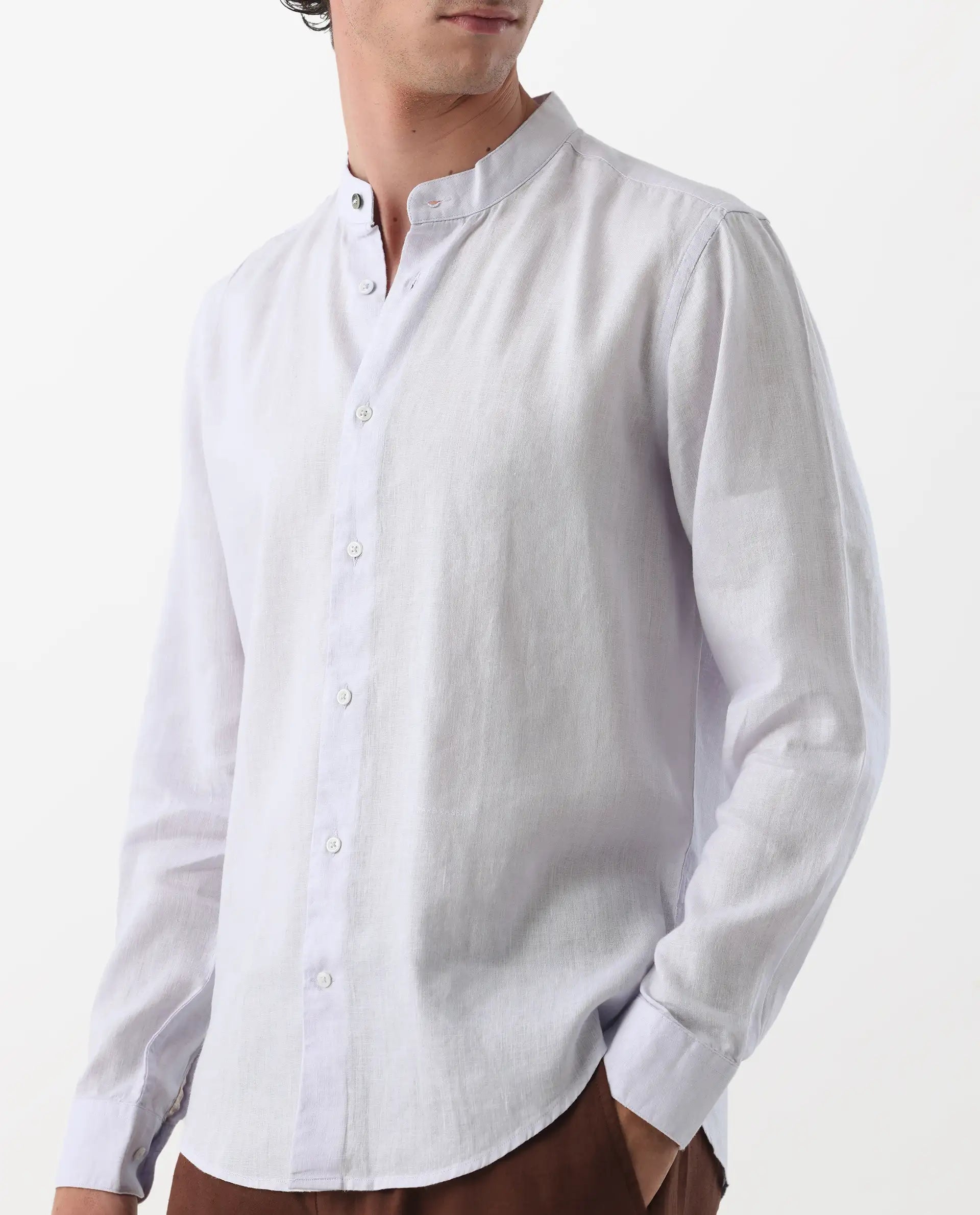 Rare Rabbit Men's Cinex Pastel Purple Linen Blend Plain Regular Fit Full Sleeve Mandarin Collar Shirt