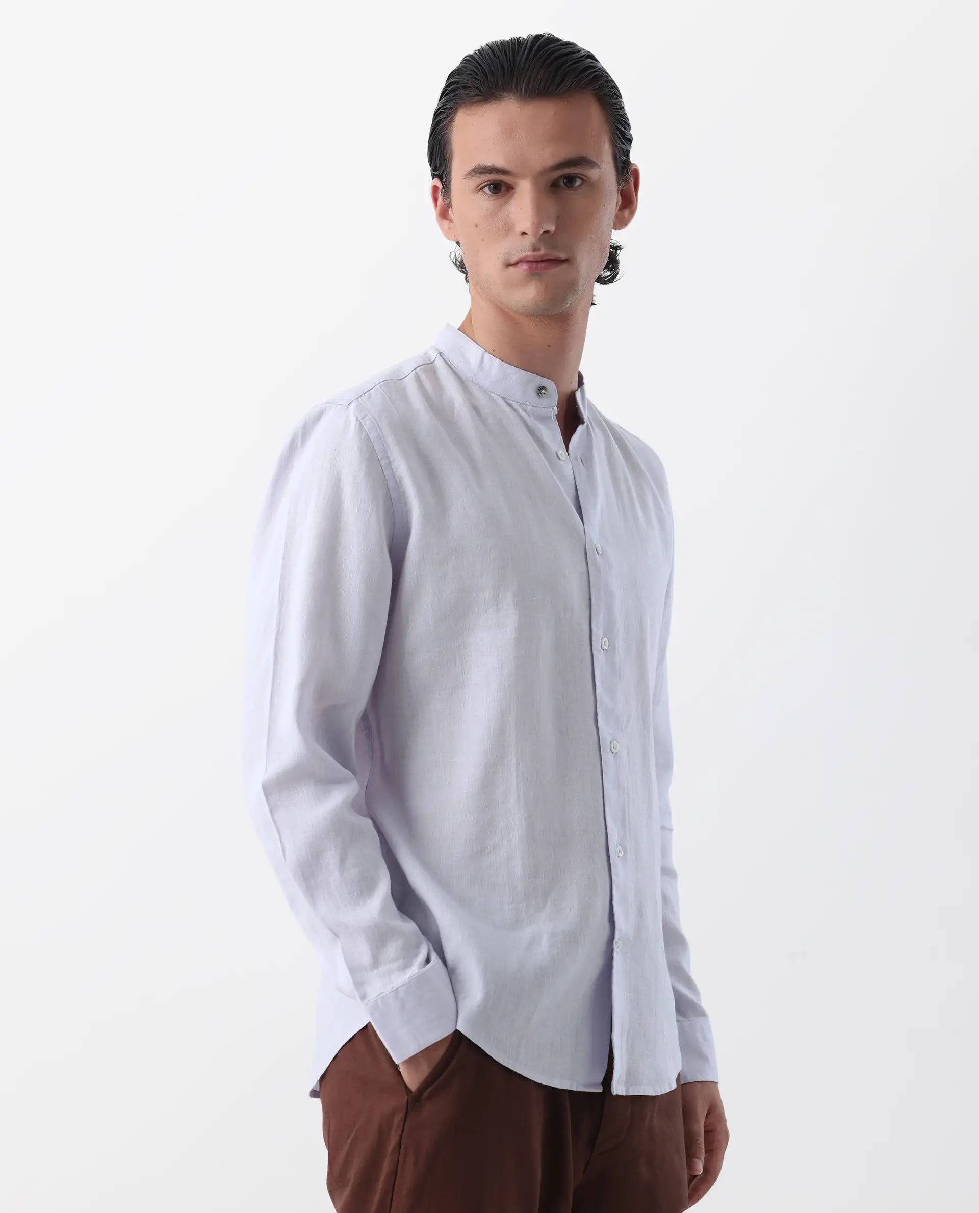 Rare Rabbit Men's Cinex Pastel Purple Linen Blend Plain Regular Fit Full Sleeve Mandarin Collar Shirt