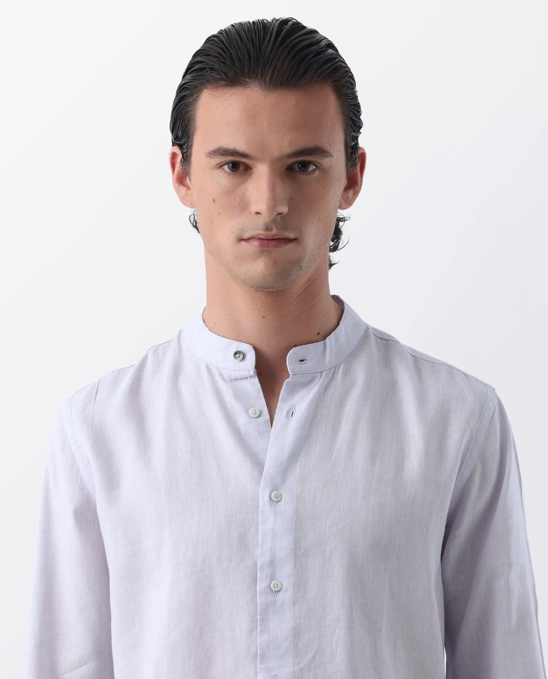 Rare Rabbit Men's Cinex Pastel Purple Linen Blend Plain Regular Fit Full Sleeve Mandarin Collar Shirt