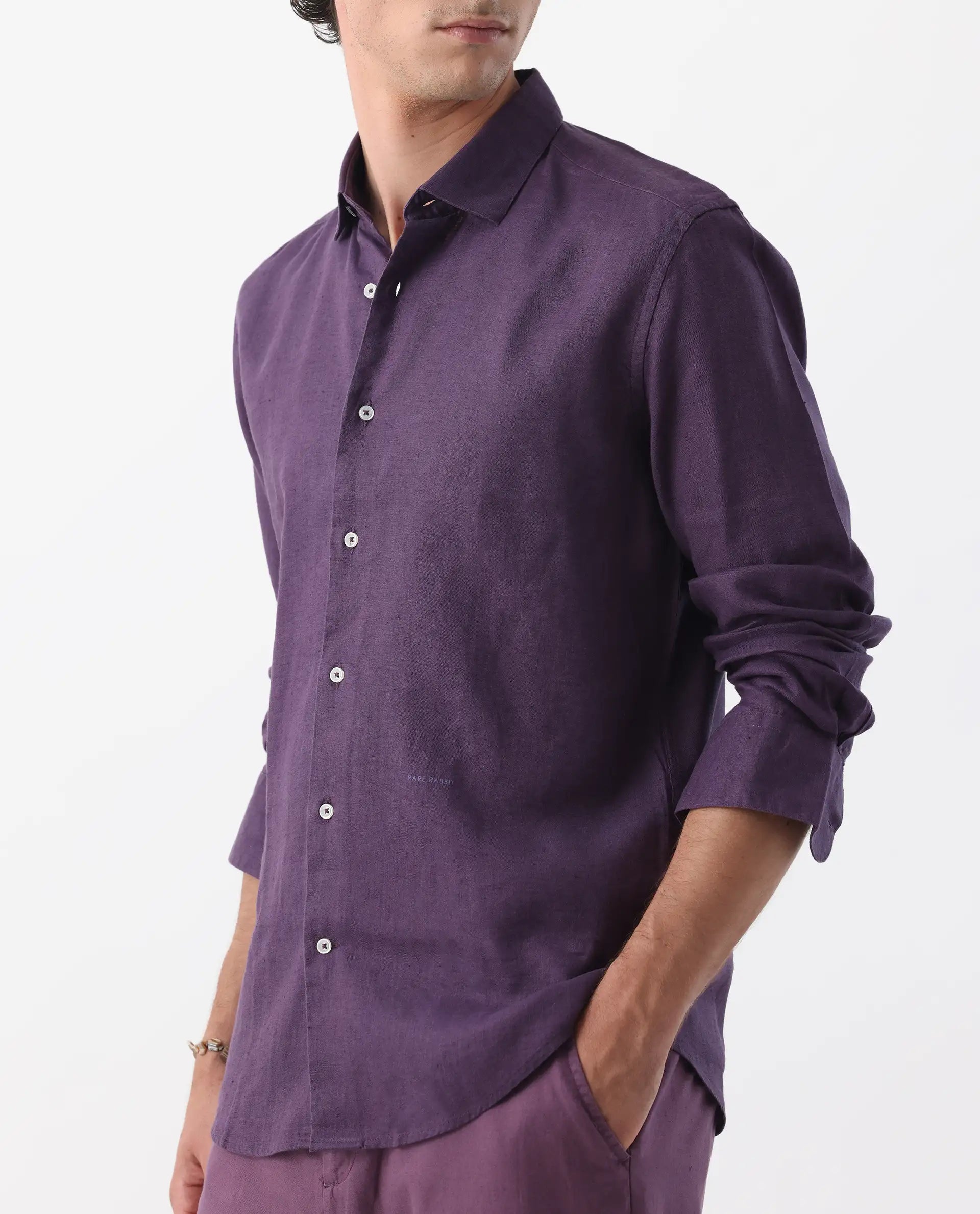 Rare Rabbit Men's Linex-1 Purple 100% Linen Plain Regular Fit Full Sleeve Collared Shirt