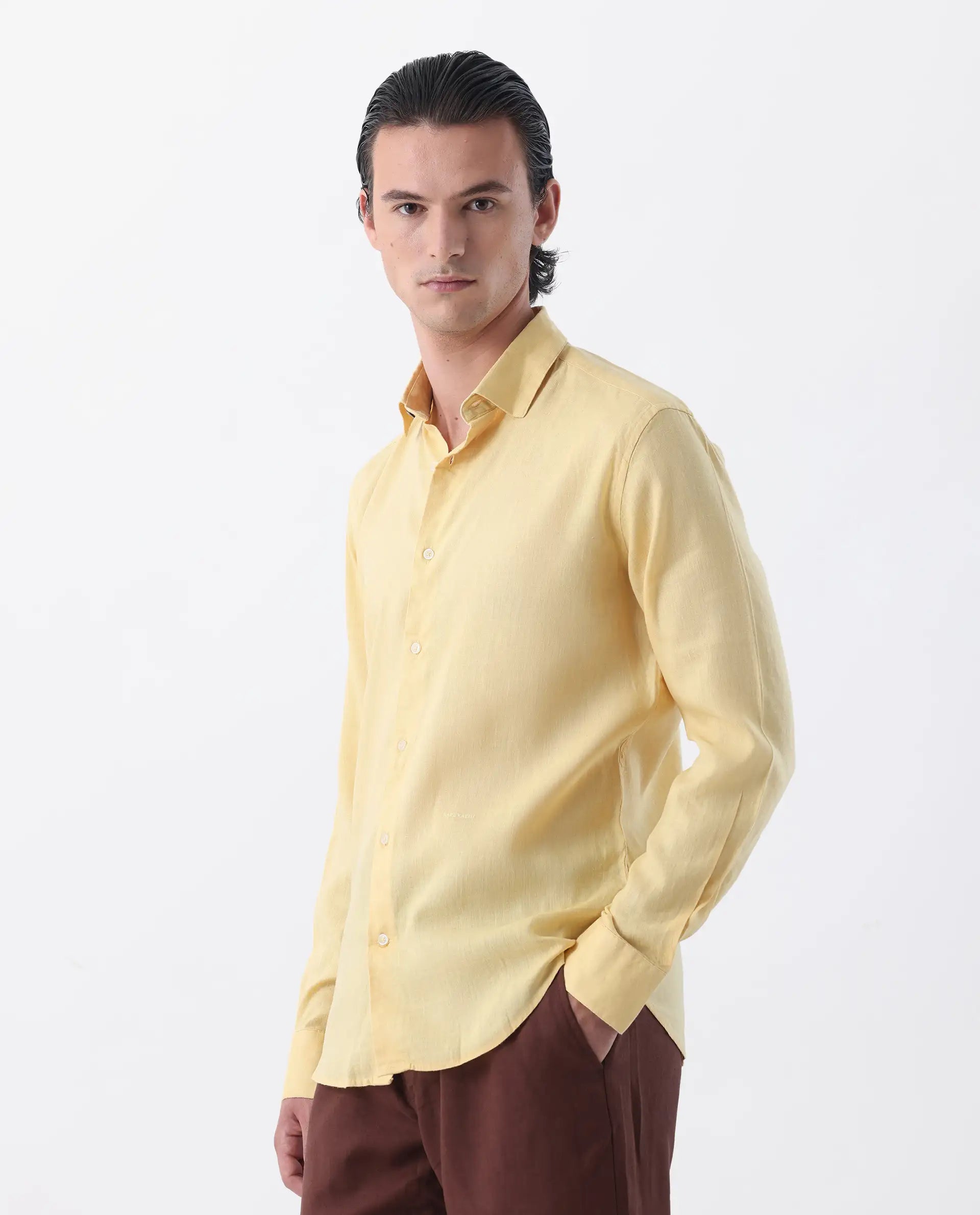 Rare Rabbit Men's Linex-1 Yellow 100% Linen Plain Regular Fit Full Sleeve Collared Shirt