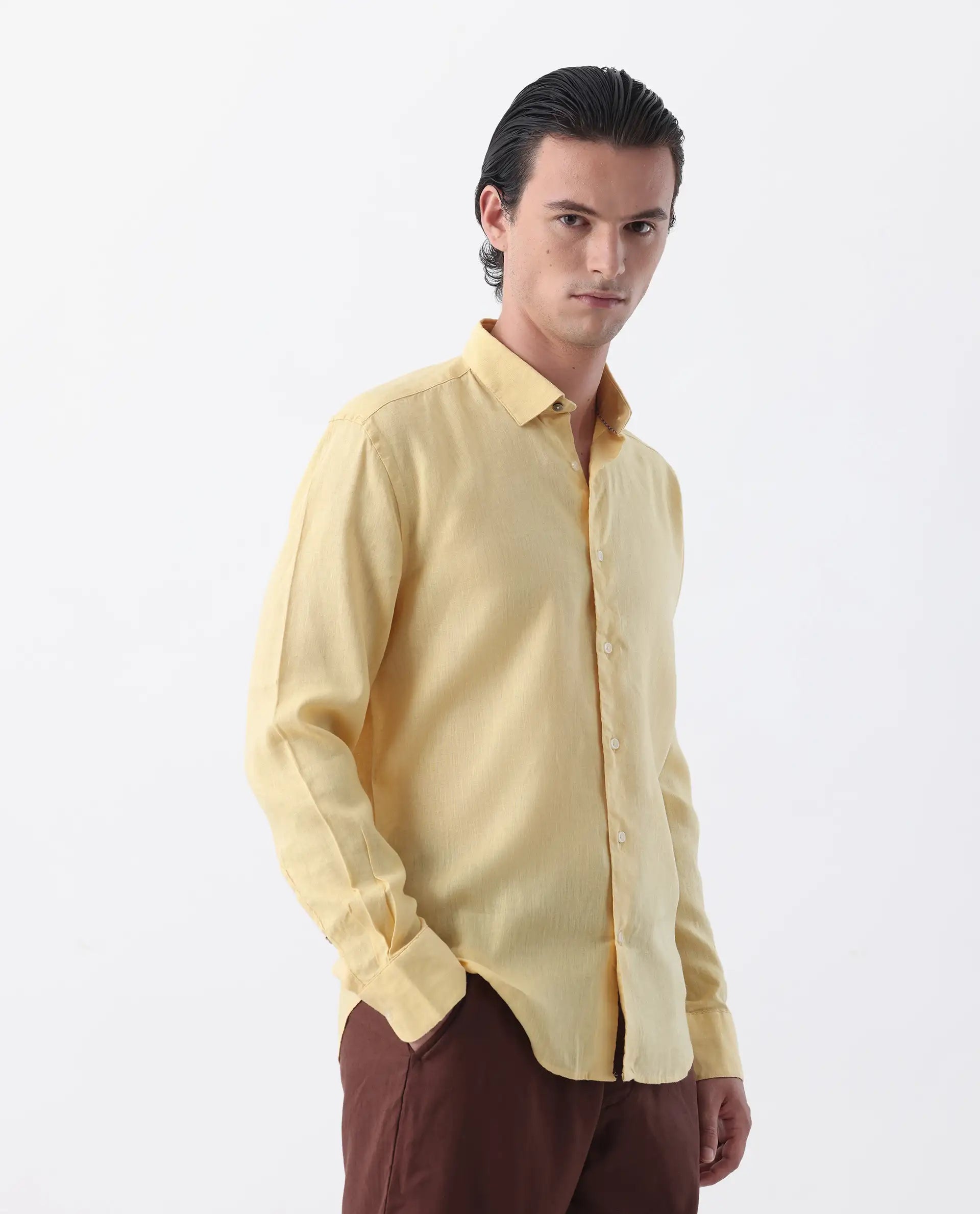 Rare Rabbit Men's Linex-1 Yellow 100% Linen Plain Regular Fit Full Sleeve Collared Shirt