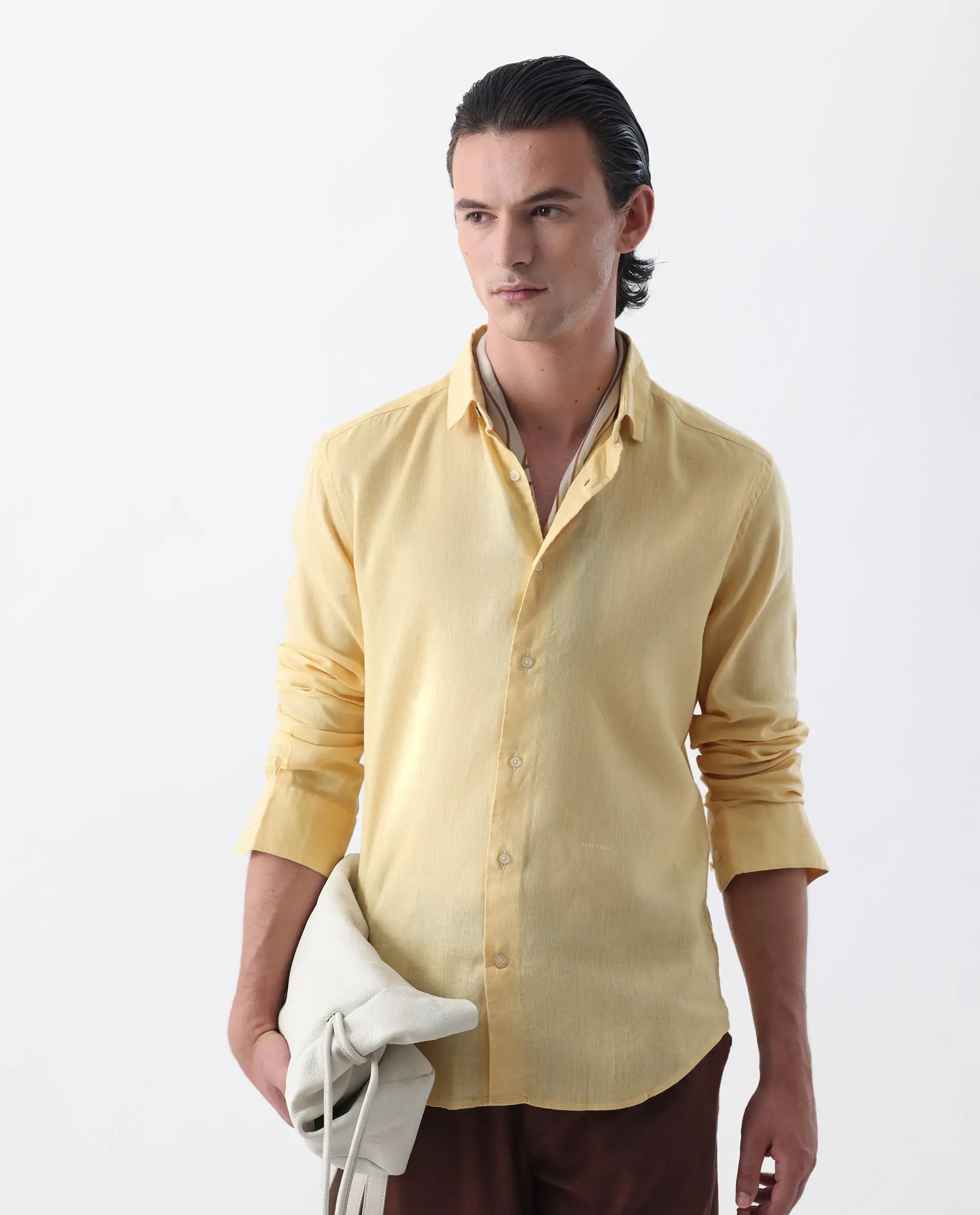 Rare Rabbit Men's Linex-1 Yellow 100% Linen Plain Regular Fit Full Sleeve Collared Shirt