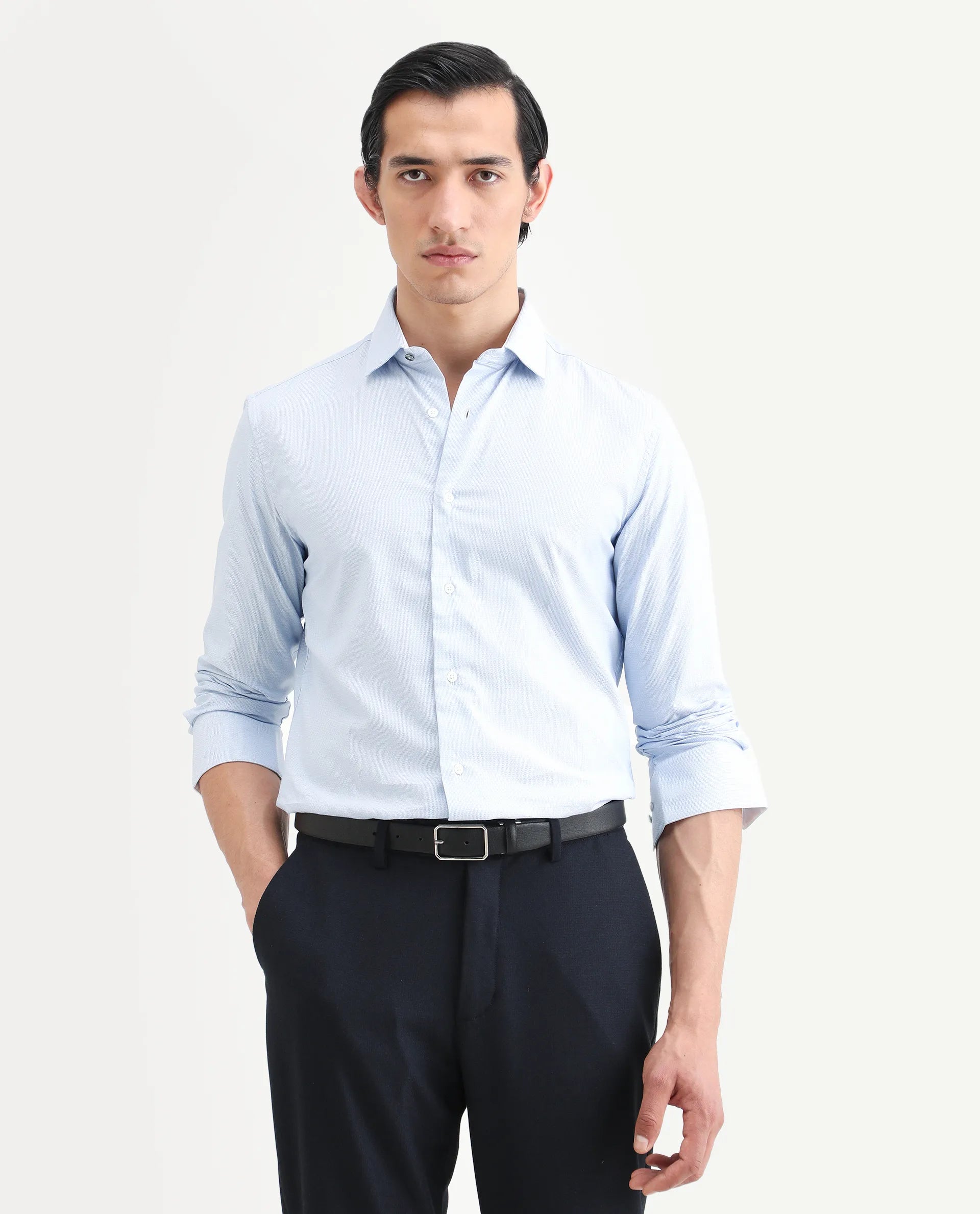 Rare Rabbit Men's Rigor Pastel Blue Cotton Textured Regular Fit Full Sleeve Collared Shirt