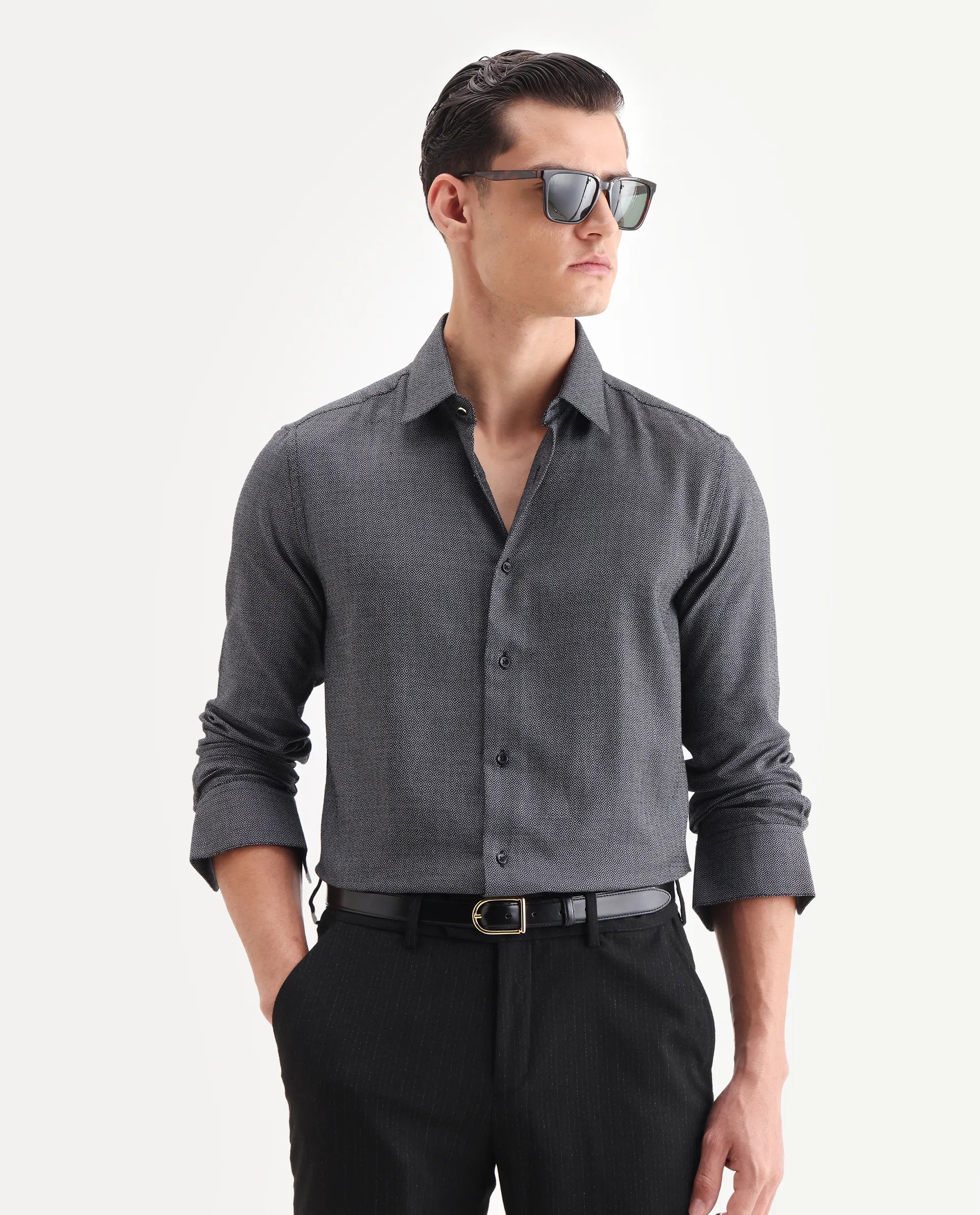 Rare Rabbit Men's Veslo Black Cotton Jacquard Regular Fit Full Sleeve Collared Shirt