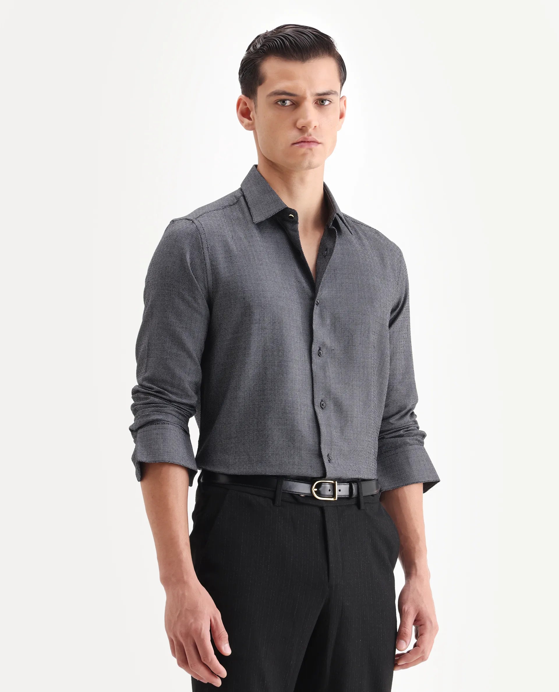 Rare Rabbit Men's Veslo Black Cotton Jacquard Regular Fit Full Sleeve Collared Shirt