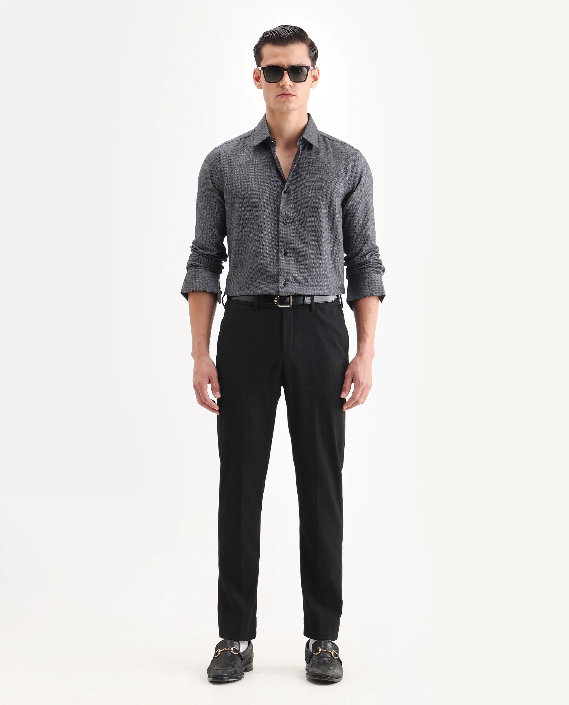 Rare Rabbit Men's Veslo Black Cotton Jacquard Regular Fit Full Sleeve Collared Shirt