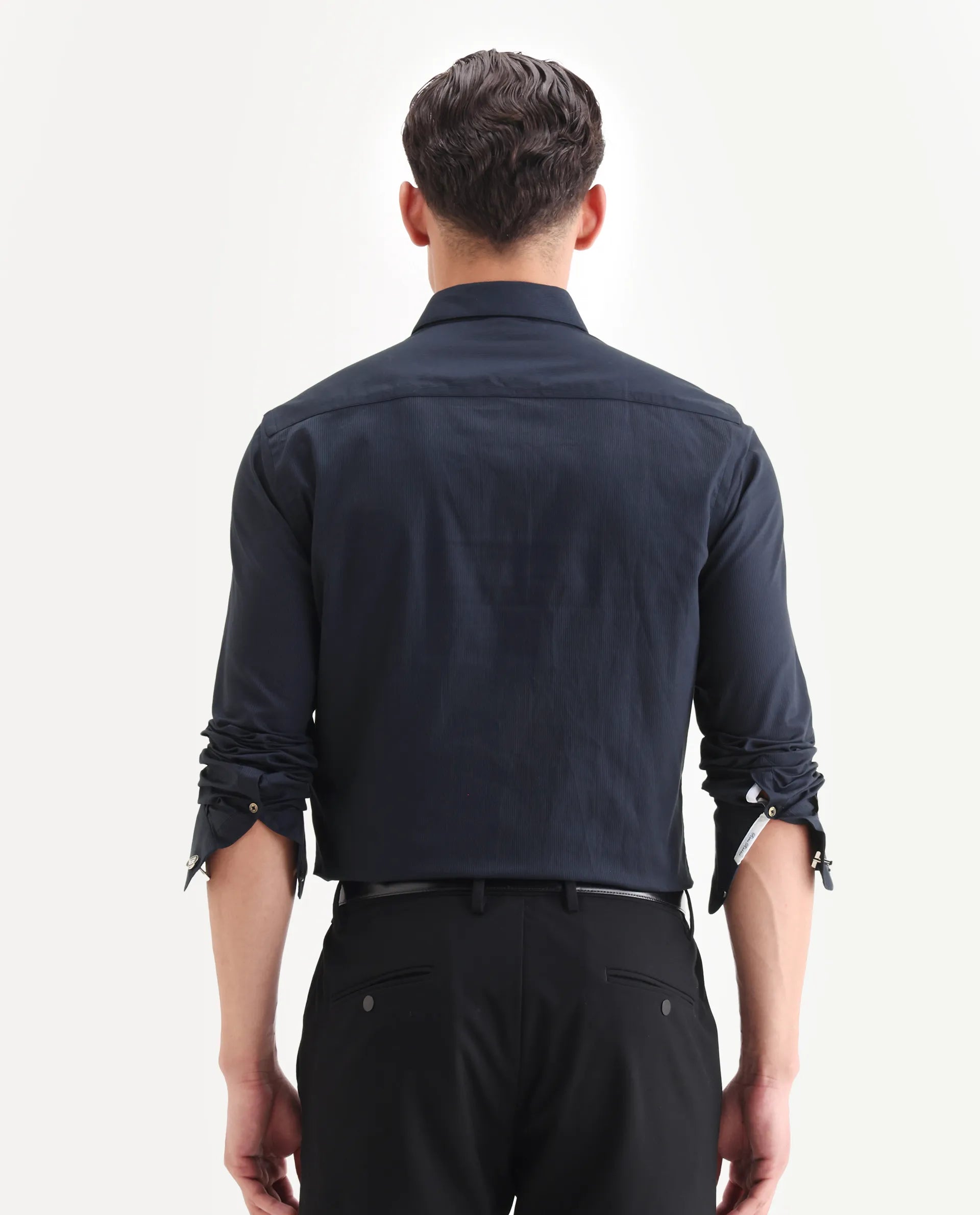 Rare Rabbit Men's Bovec Navy Cotton Textured Regular Fit Full Sleeve Collared Shirt