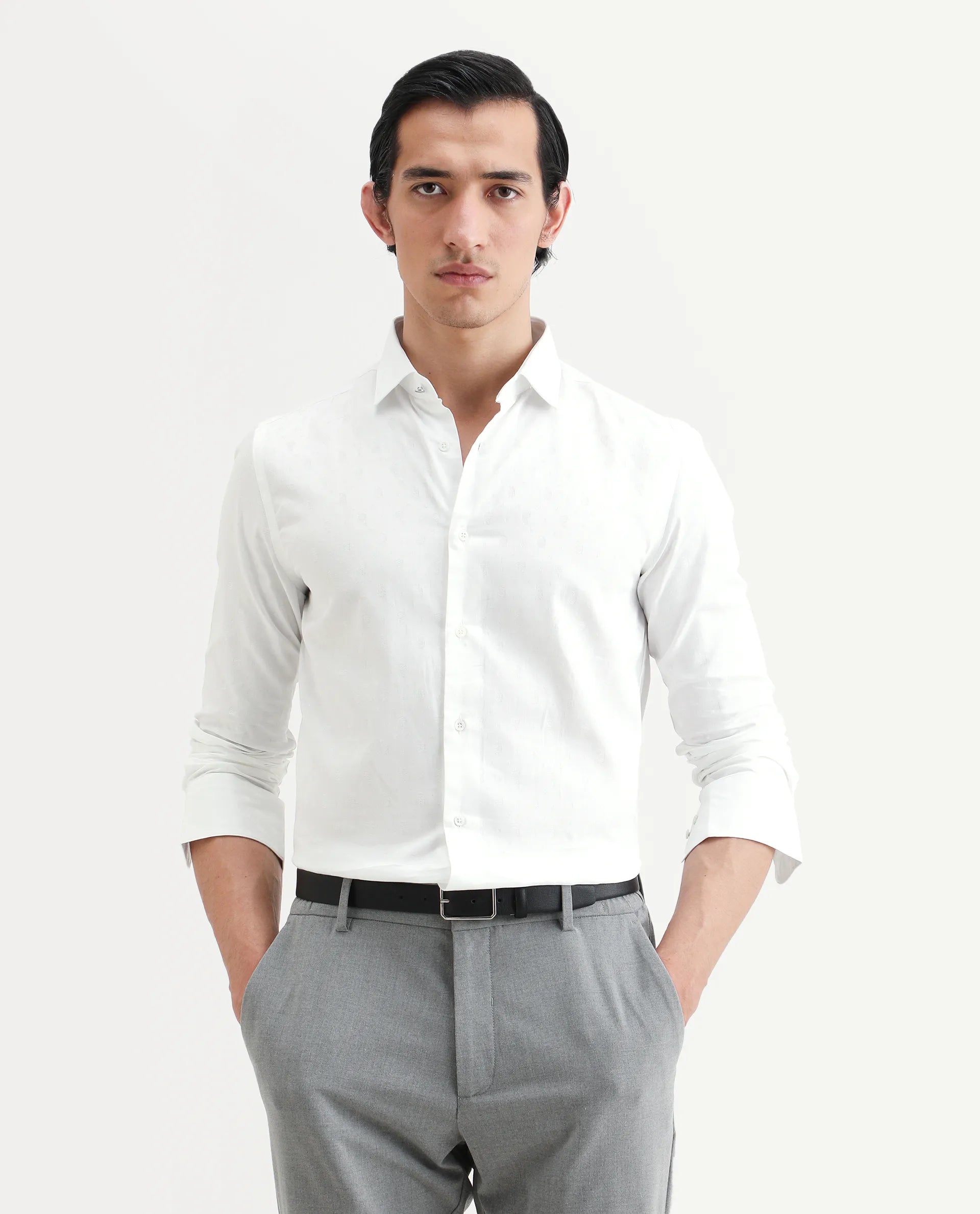 Rare Rabbit Men's Trica White Cotton Plain Regular Fit Full Sleeve Collared Shirt