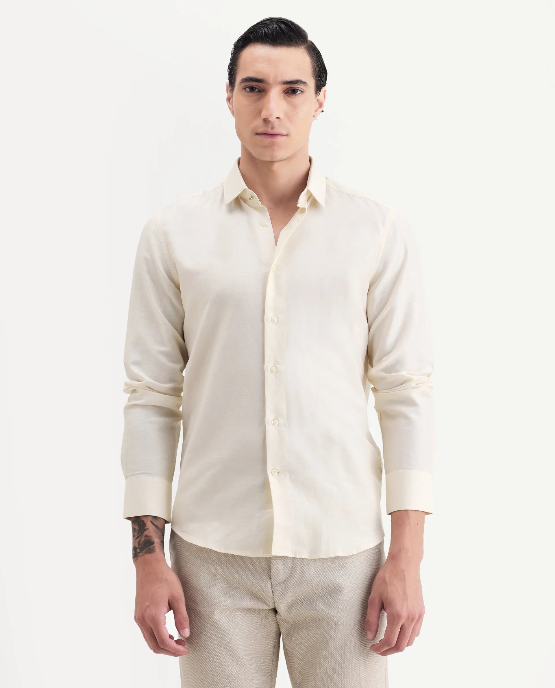 Rare Rabbit Men's Silken Pastel Yellow Linen Blend Plain Regular Fit Full Sleeve Collared Shirt