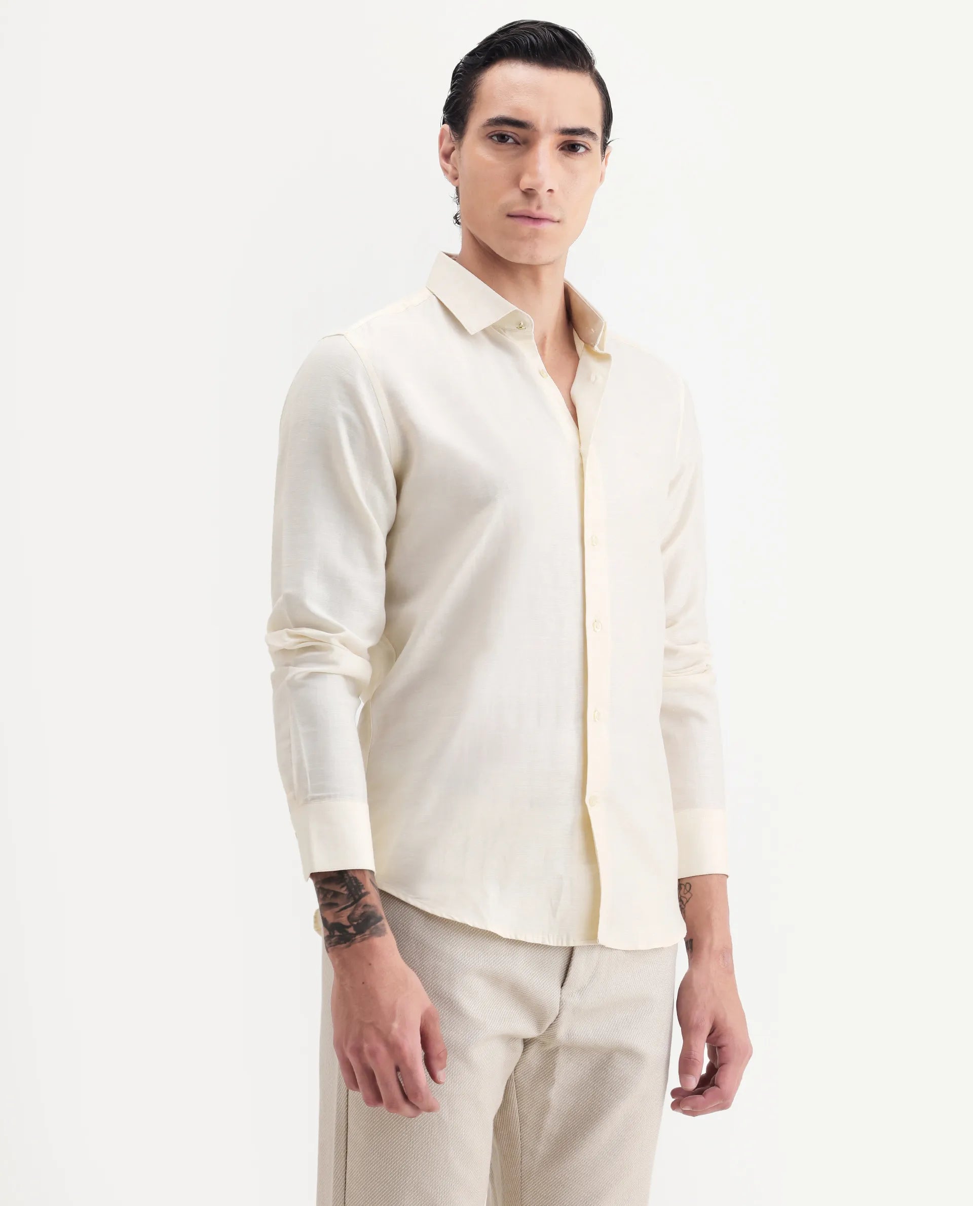 Rare Rabbit Men's Silken Pastel Yellow Linen Blend Plain Regular Fit Full Sleeve Collared Shirt