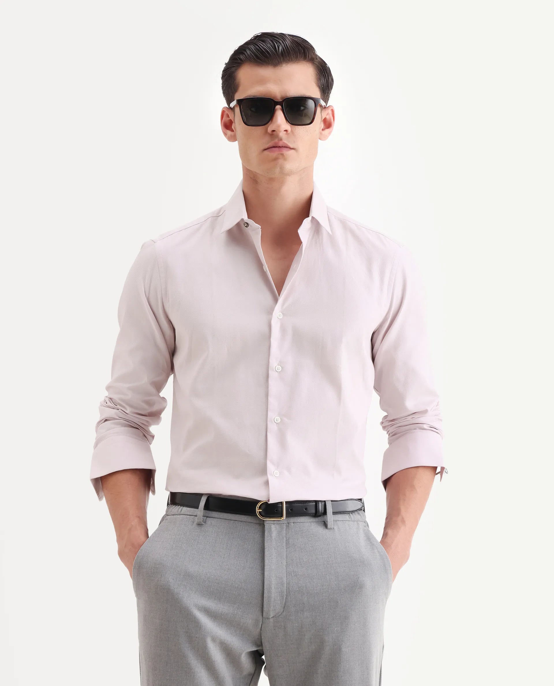 Rare Rabbit Men's Lasko Pastel Pink Cotton Plain Regular Fit Full Sleeve Collared Shirt