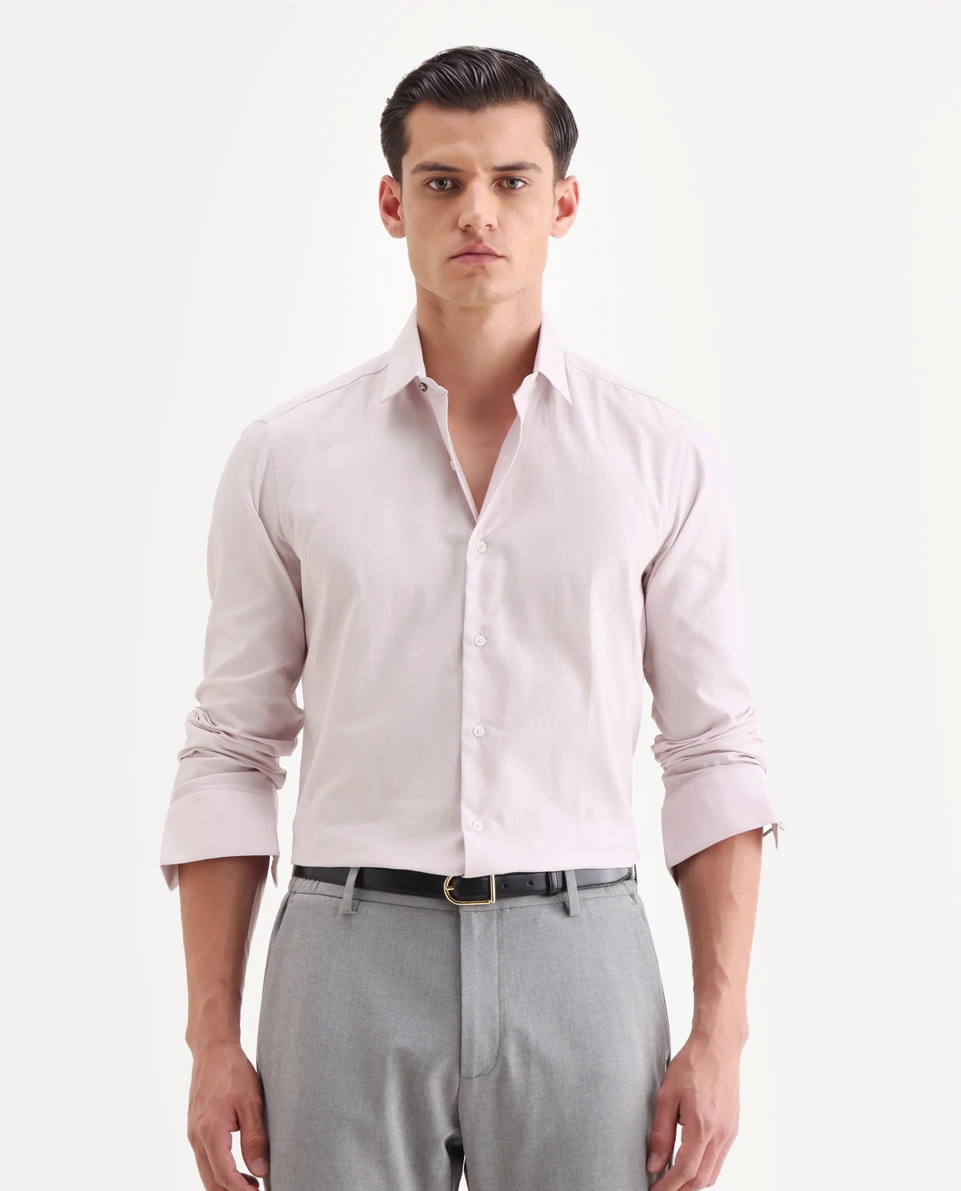 Rare Rabbit Men's Lasko Pastel Pink Cotton Plain Regular Fit Full Sleeve Collared Shirt