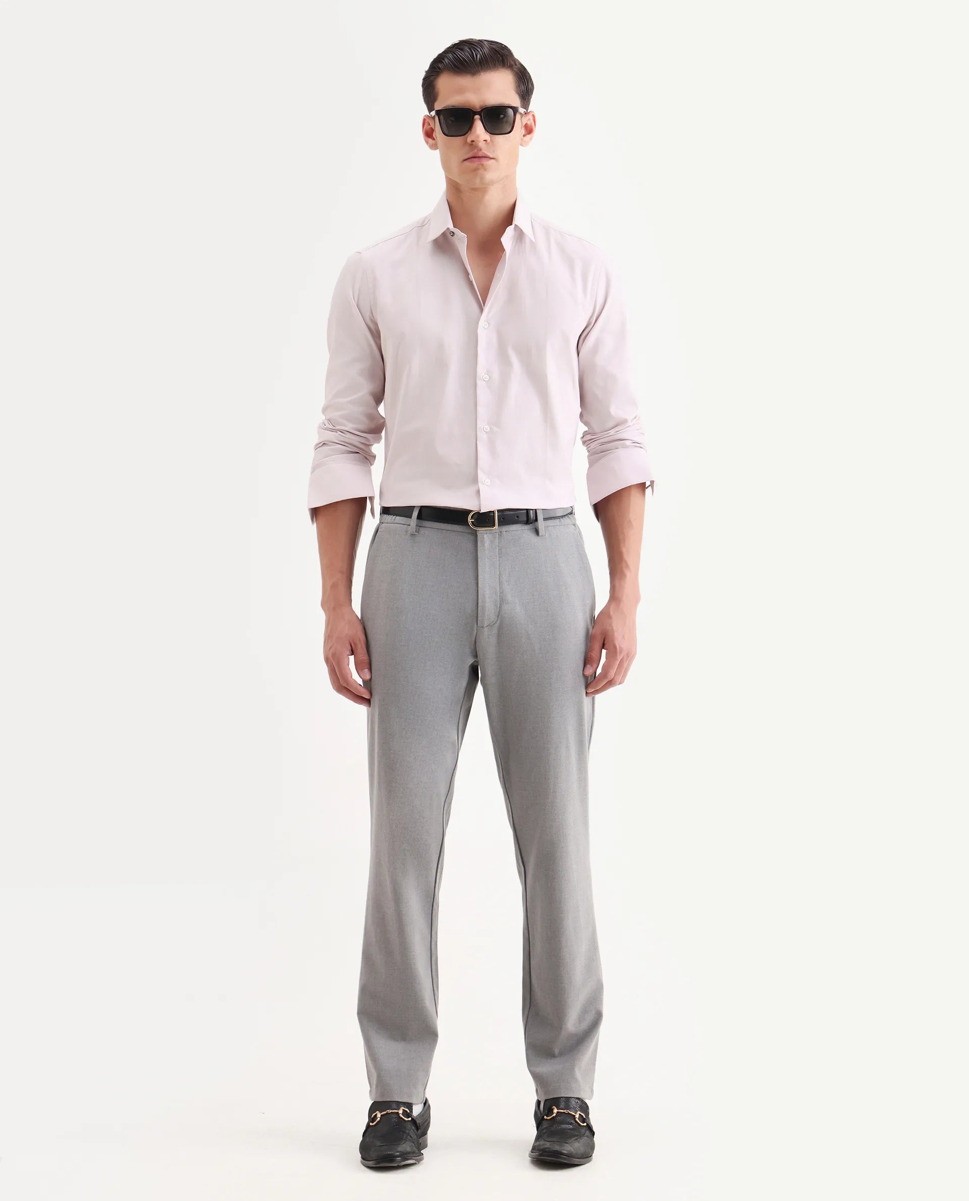 Rare Rabbit Men's Lasko Pastel Pink Cotton Plain Regular Fit Full Sleeve Collared Shirt