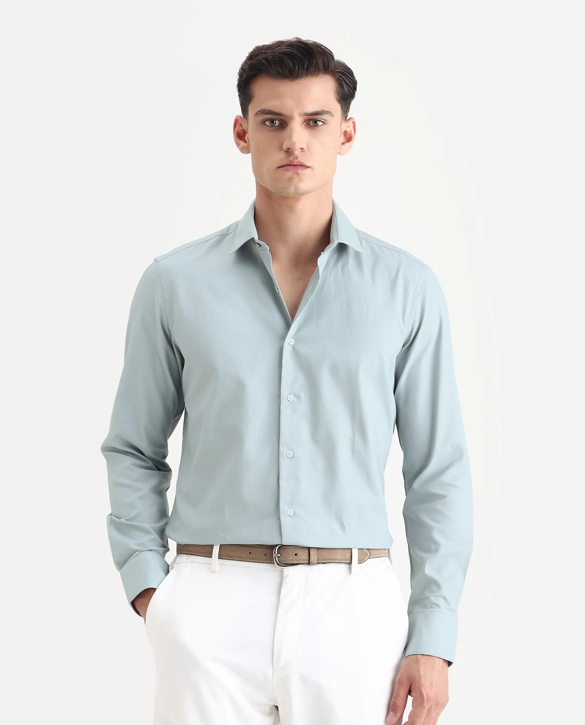 Rare Rabbit Men's Lasko Dusky Blue Cotton Plain Regular Fit Full Sleeve Collared Shirt