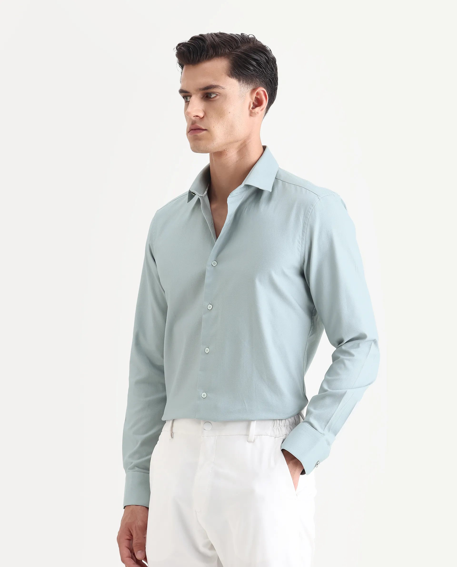 Rare Rabbit Men's Lasko Dusky Blue Cotton Plain Regular Fit Full Sleeve Collared Shirt