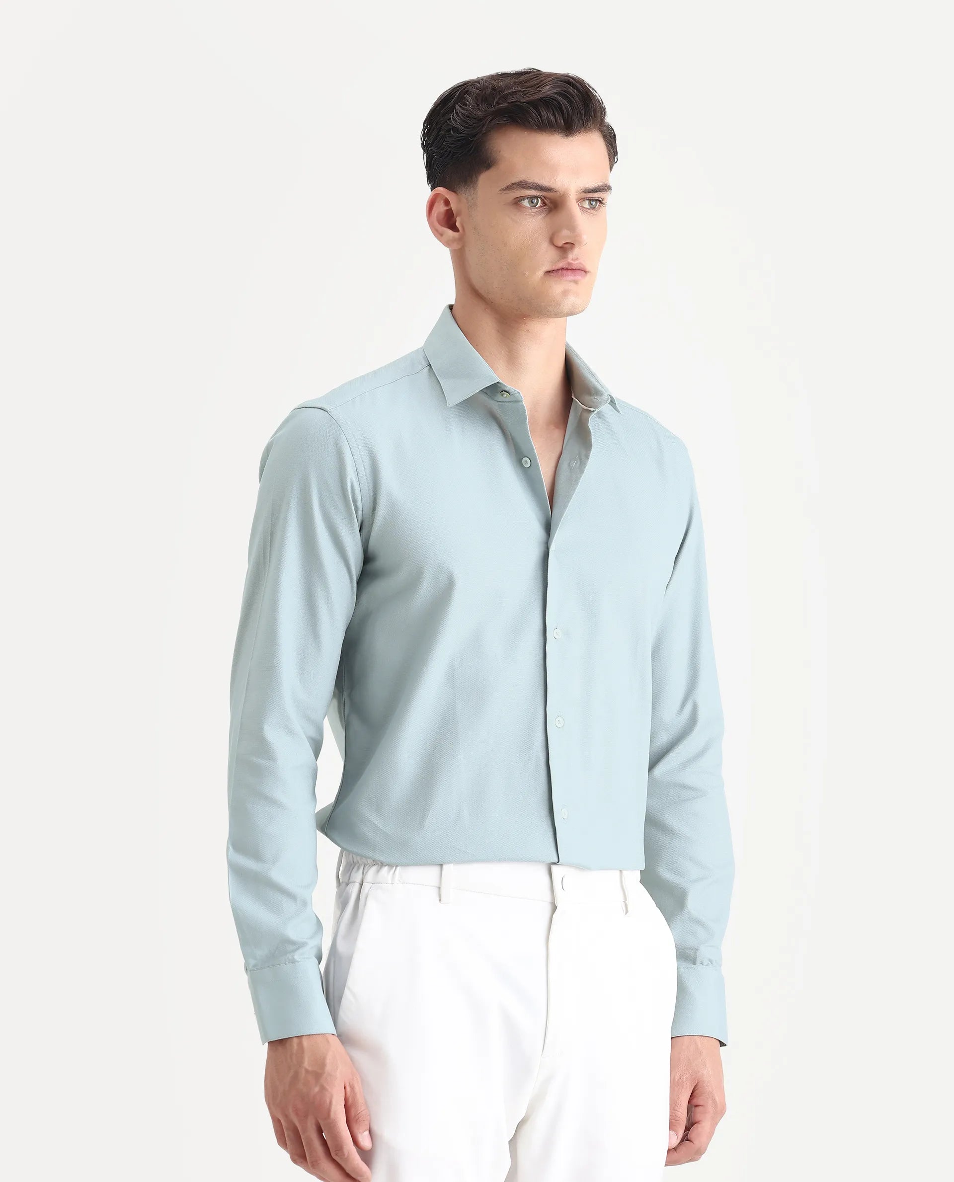 Rare Rabbit Men's Lasko Dusky Blue Cotton Plain Regular Fit Full Sleeve Collared Shirt