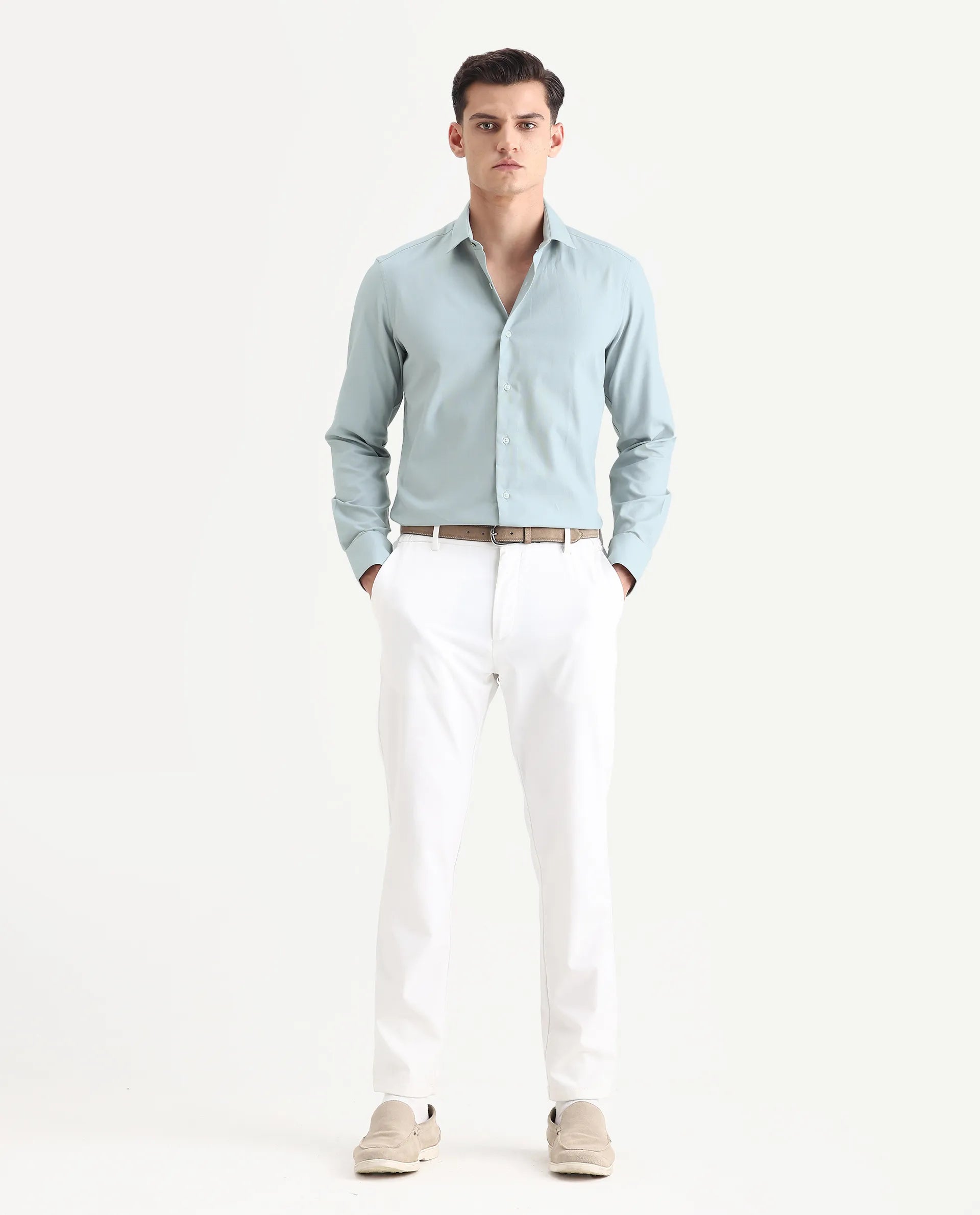 Rare Rabbit Men's Lasko Dusky Blue Cotton Plain Regular Fit Full Sleeve Collared Shirt